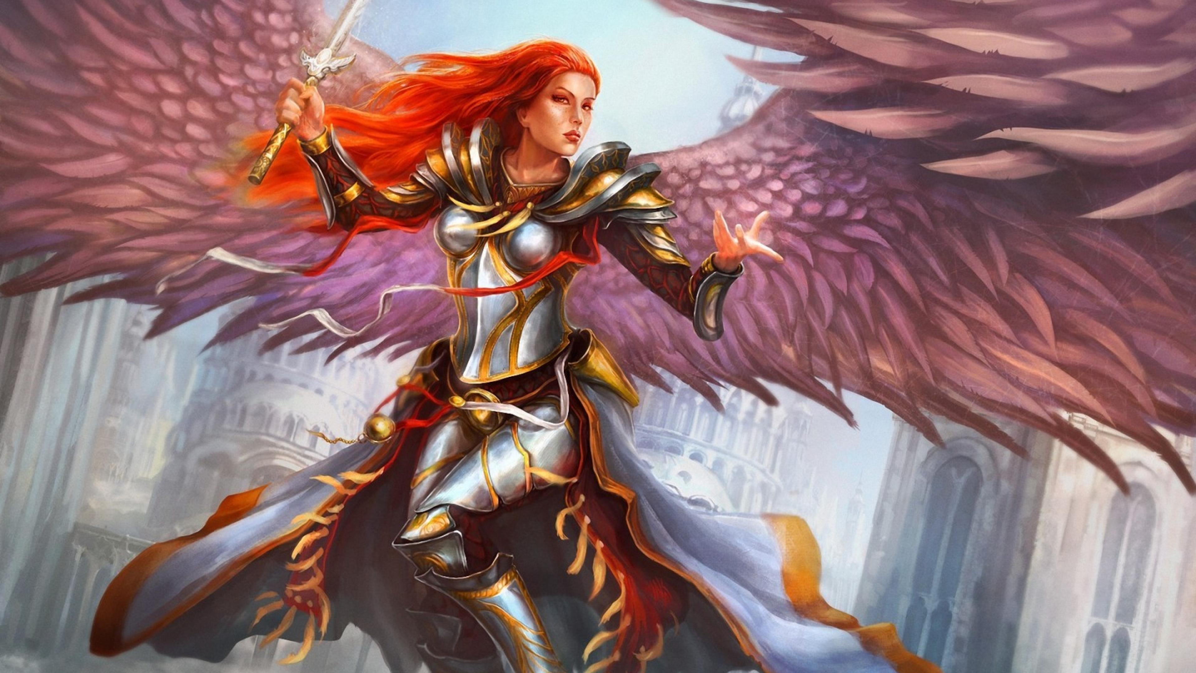 Angel Redhead Fantasy Girl Feather Wings Ultra 3840x2160 Hd Wallpaper