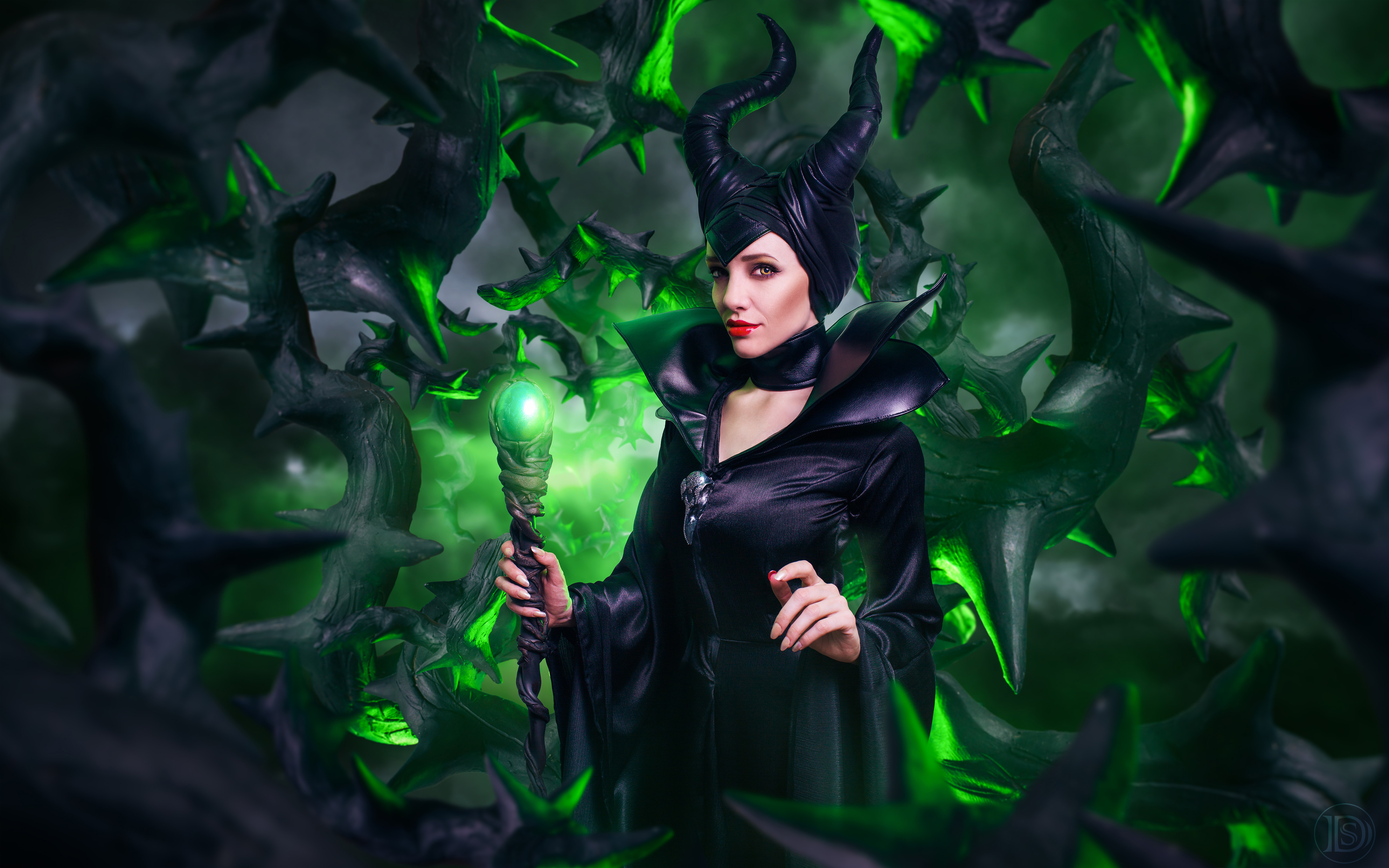 Angelina Jolie Maleficent Wallpapers black witch with horns magic wand