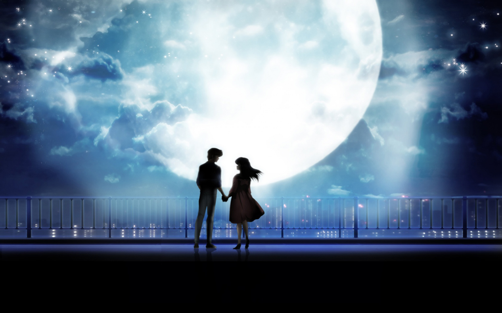 Anime Art Anime Couple Holding Hands Moonlight Desktop : Wallpapers13.com