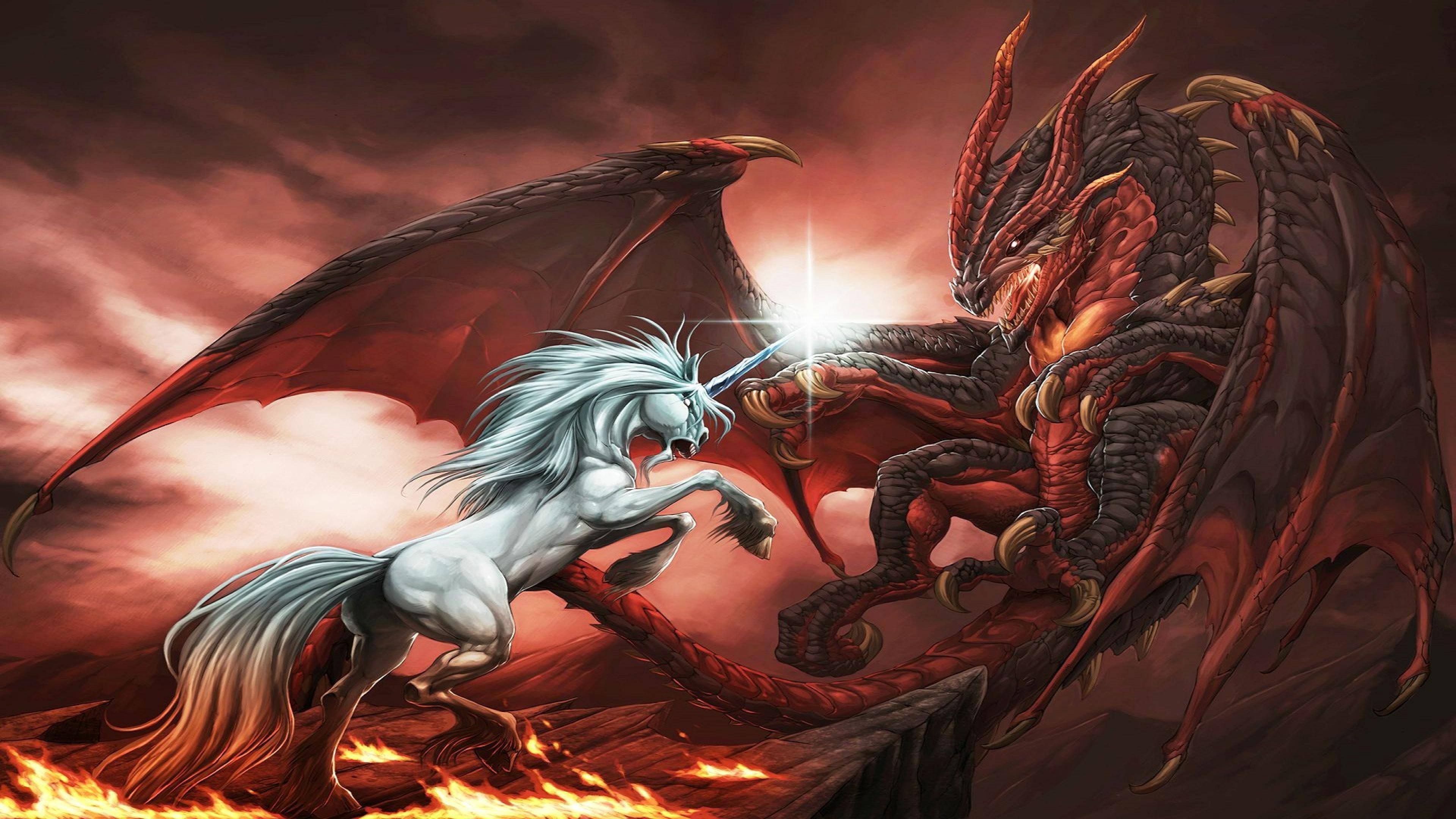 fantasy dragon unicorn war abstract ultra  hd wallpaper