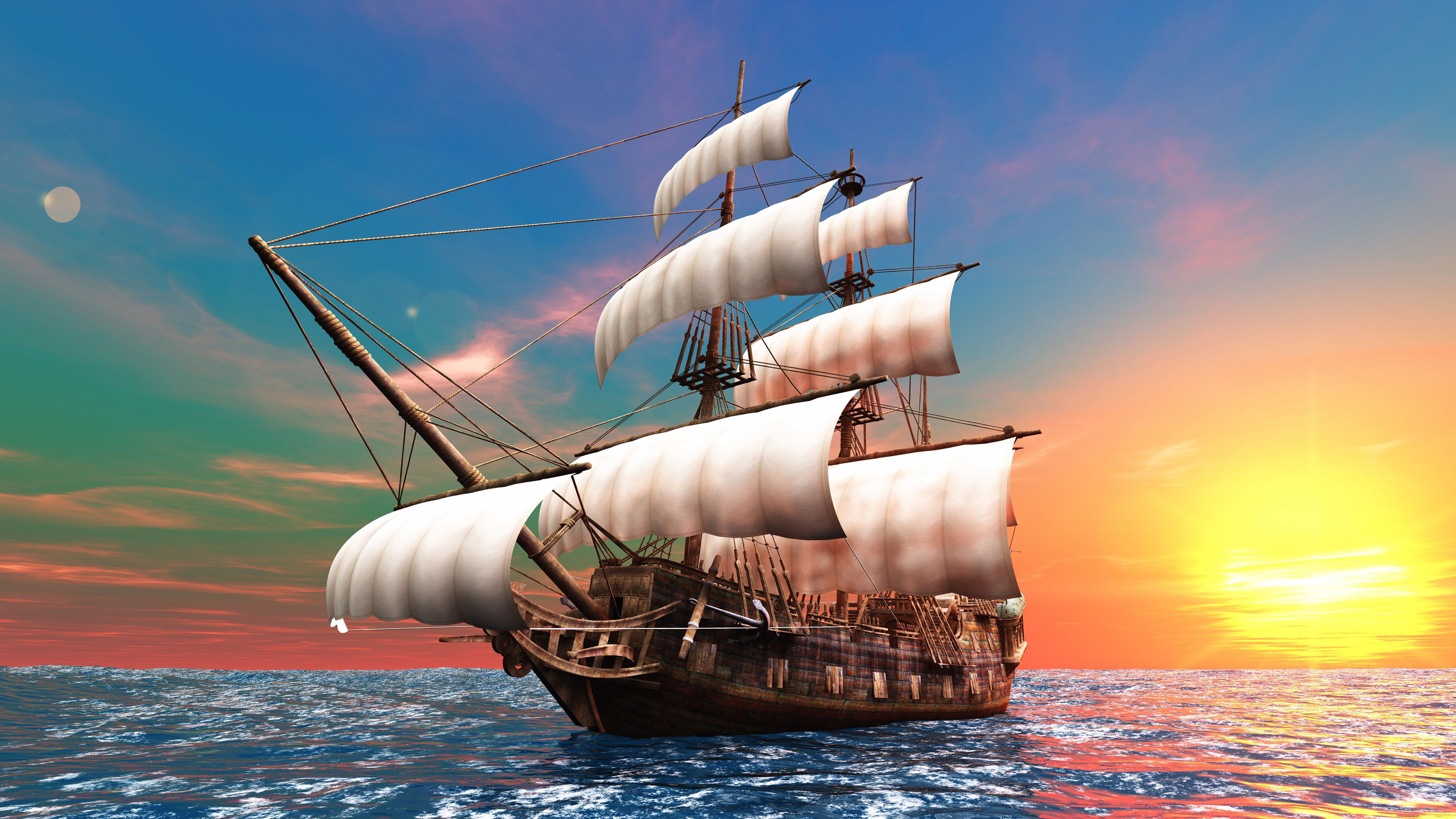 Ship White sails Sea Sunsets Red Sky Horizon Beautiful Wallpaper HD