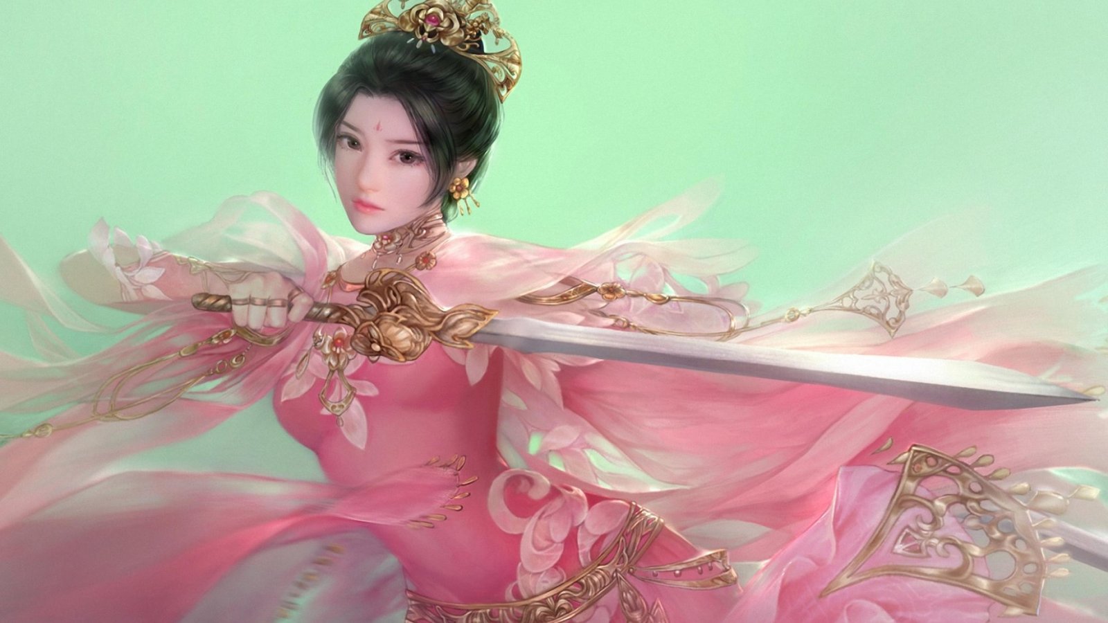 Warrior Asian Sword Fantasy Girls,fighter Green Beauty Pink Ultra