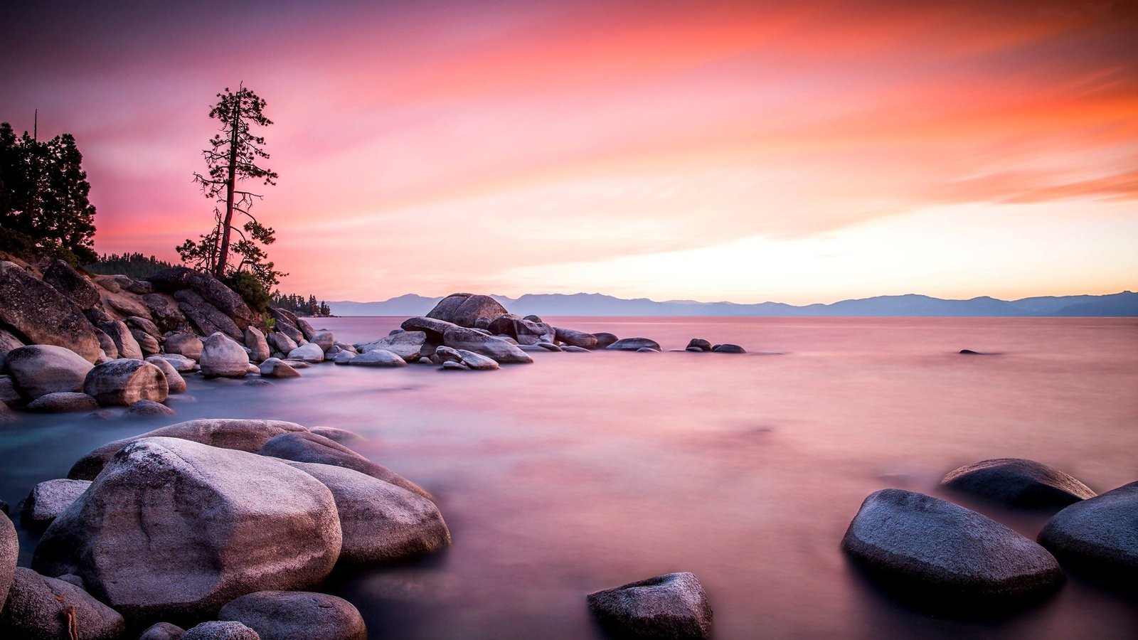 Background Landscape Lake Shore Stones, Wood Sunset : Wallpapers13.com