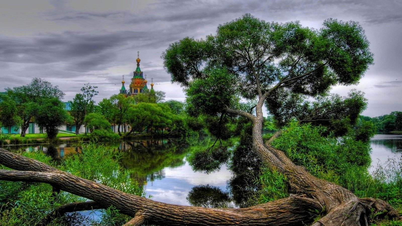 Church Peaceful River Fallen Tree Willow Wallpaper Hd : Wallpapers13.com