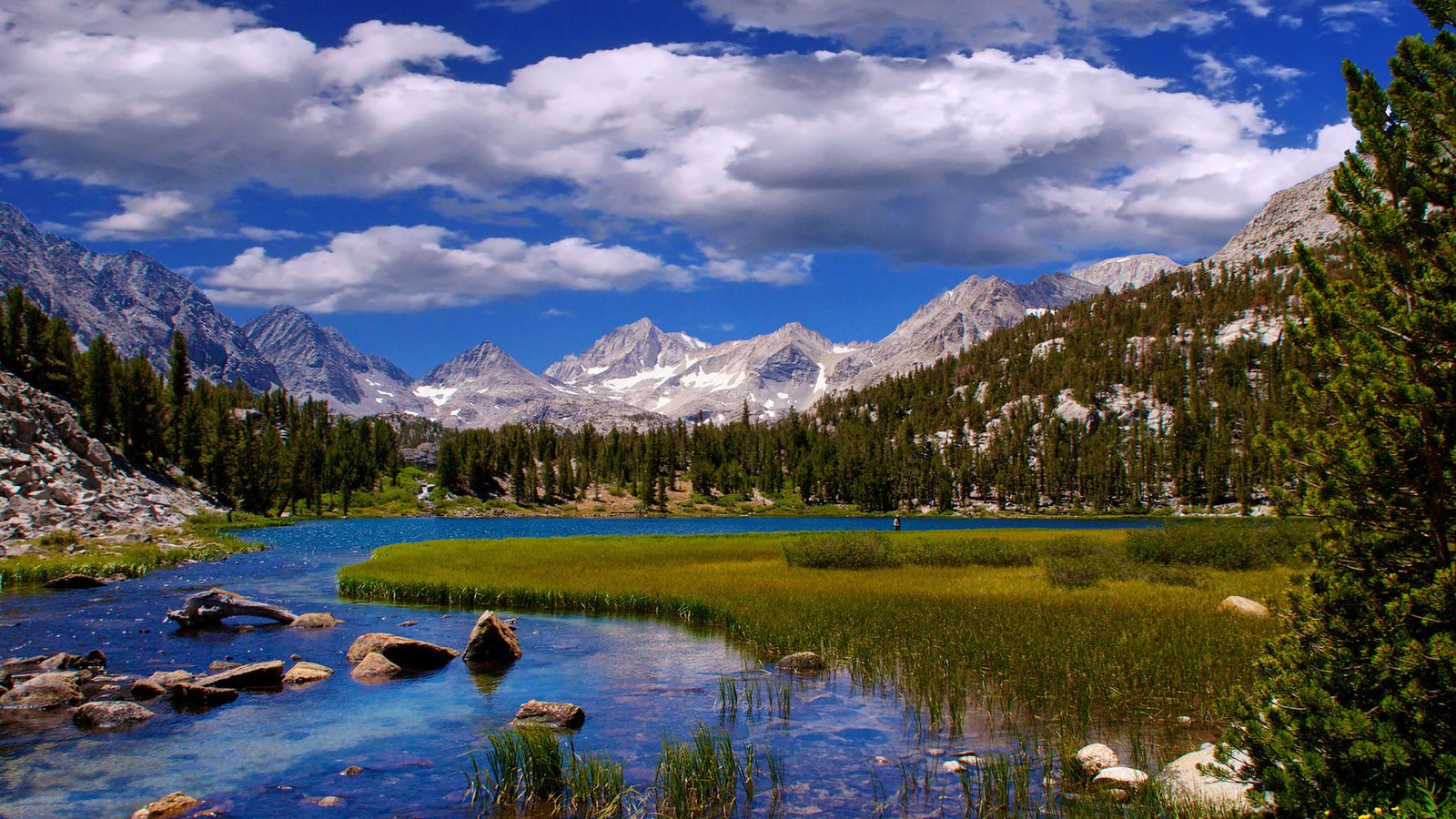 Beautiful Landscape Scenery River Grass, Mountains And White Clouds