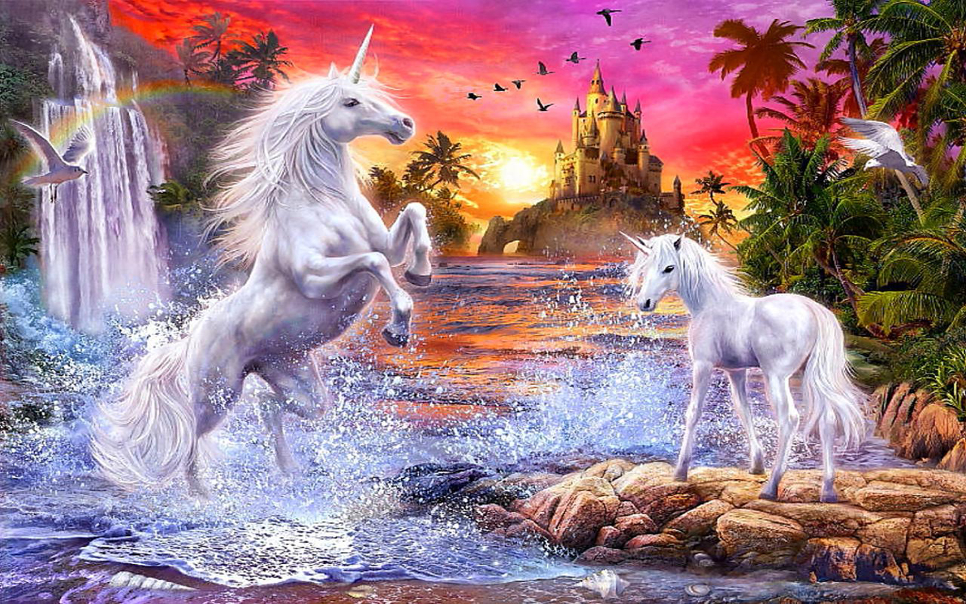 Fantasy Unicorns Castle Sunset River Falls Palm Flowers Birds Wallpaper