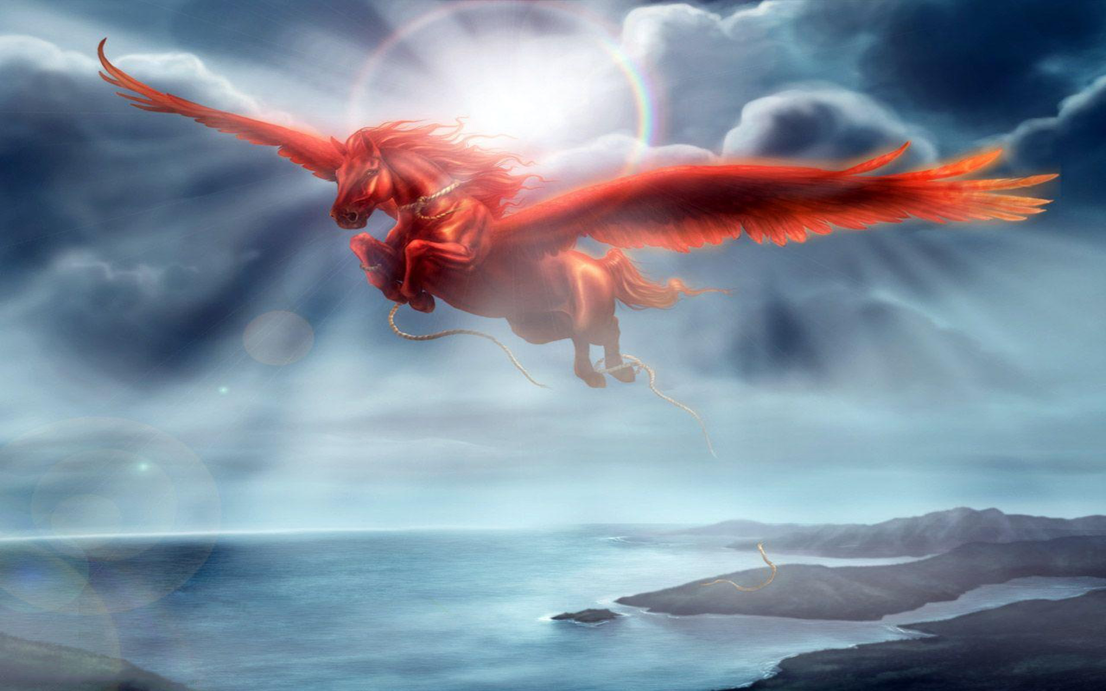 Fantasy Ocean Clouds Wings Red Horses Pegasus Wallpaper Hd 3840x2400
