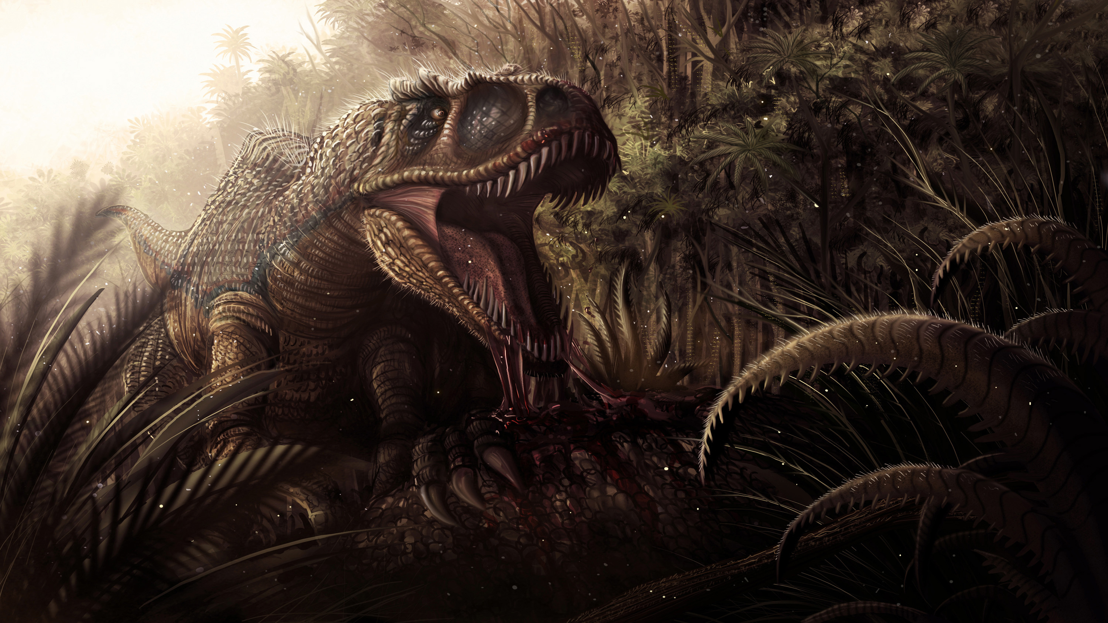 Jungle Dinosaur Jaws Teeth Blood Dark Fantasy Wallpaper Background