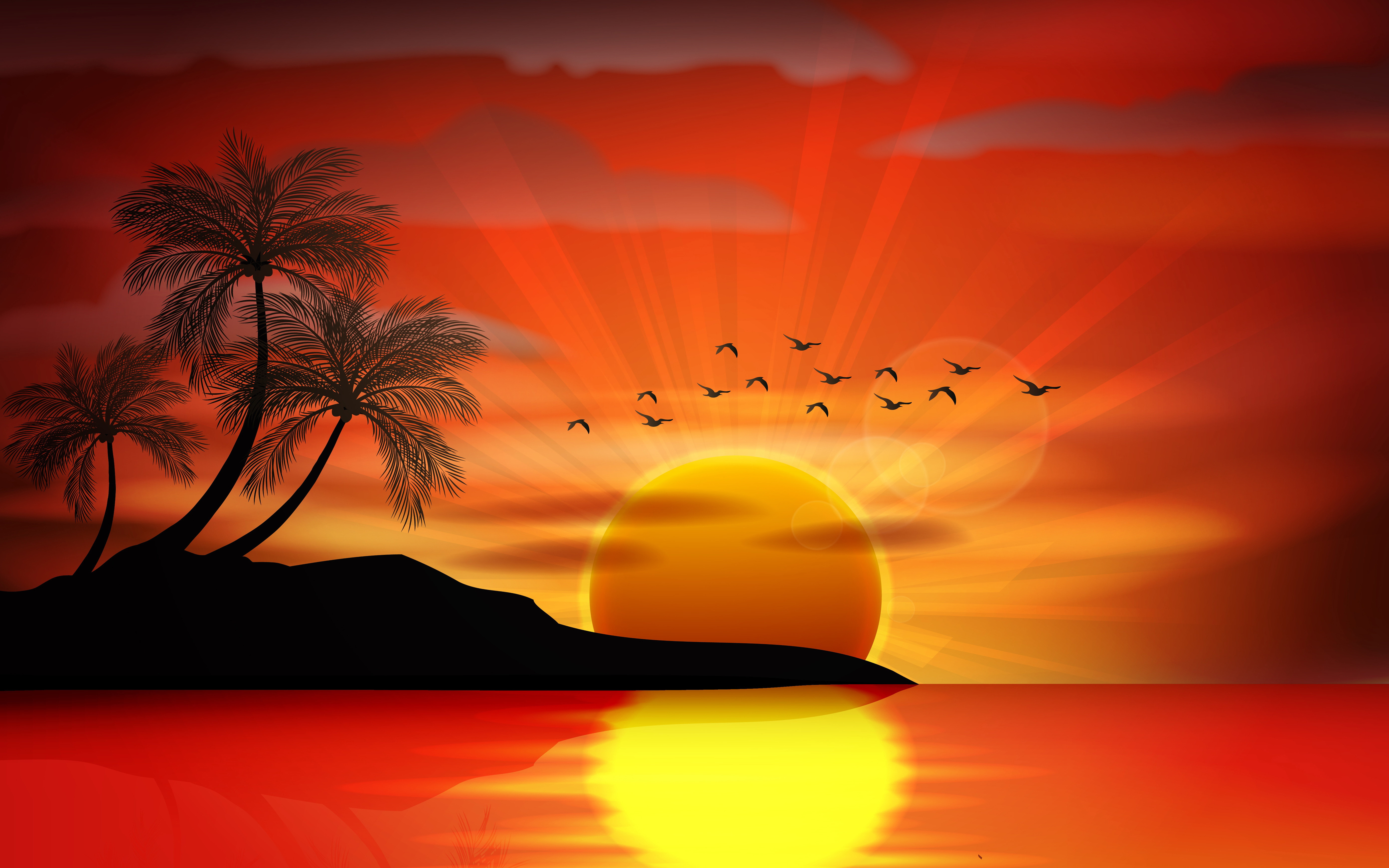 Sunset Sea Paradise Tropical Island Palms Silhouette Birds Sea Sunset Wallpaper Hd
