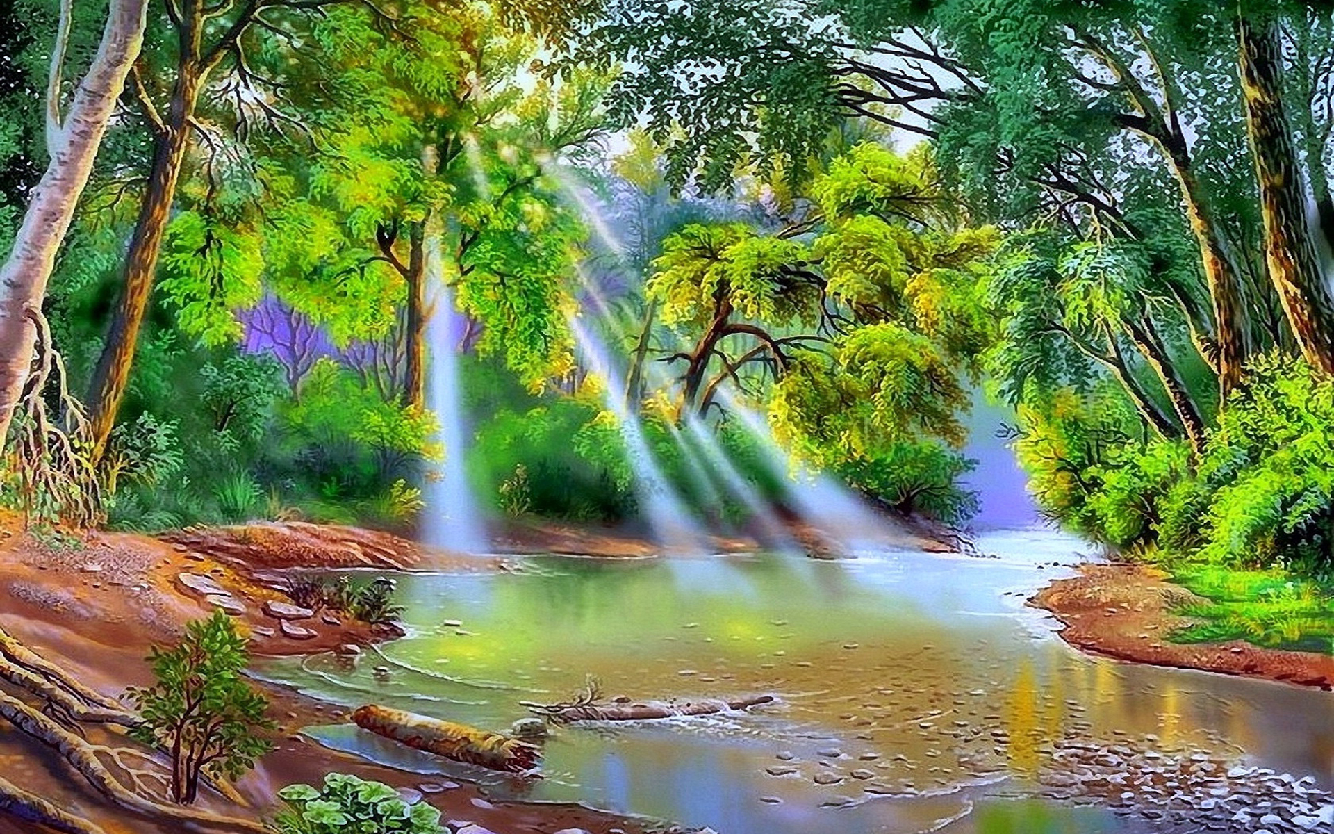 Nature River Trees With Green Leaves Sun Rays Art Hd ...