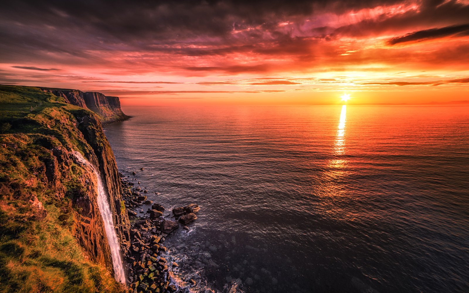 Sea Shore Rock Ocean Horizon Red Sky Last Rays Of Sun, Beautiful Hd