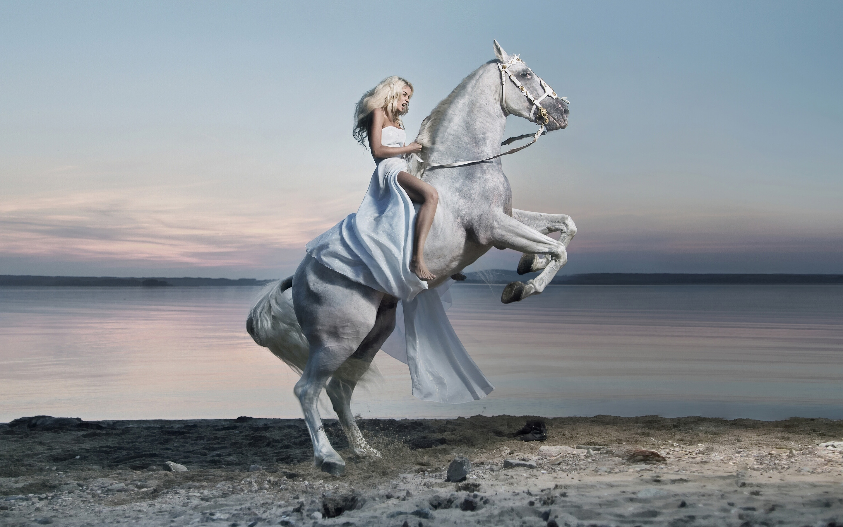 Blue Girl On A White Horse Lake Hd Desktop Wallpaper : Wallpapers13.com