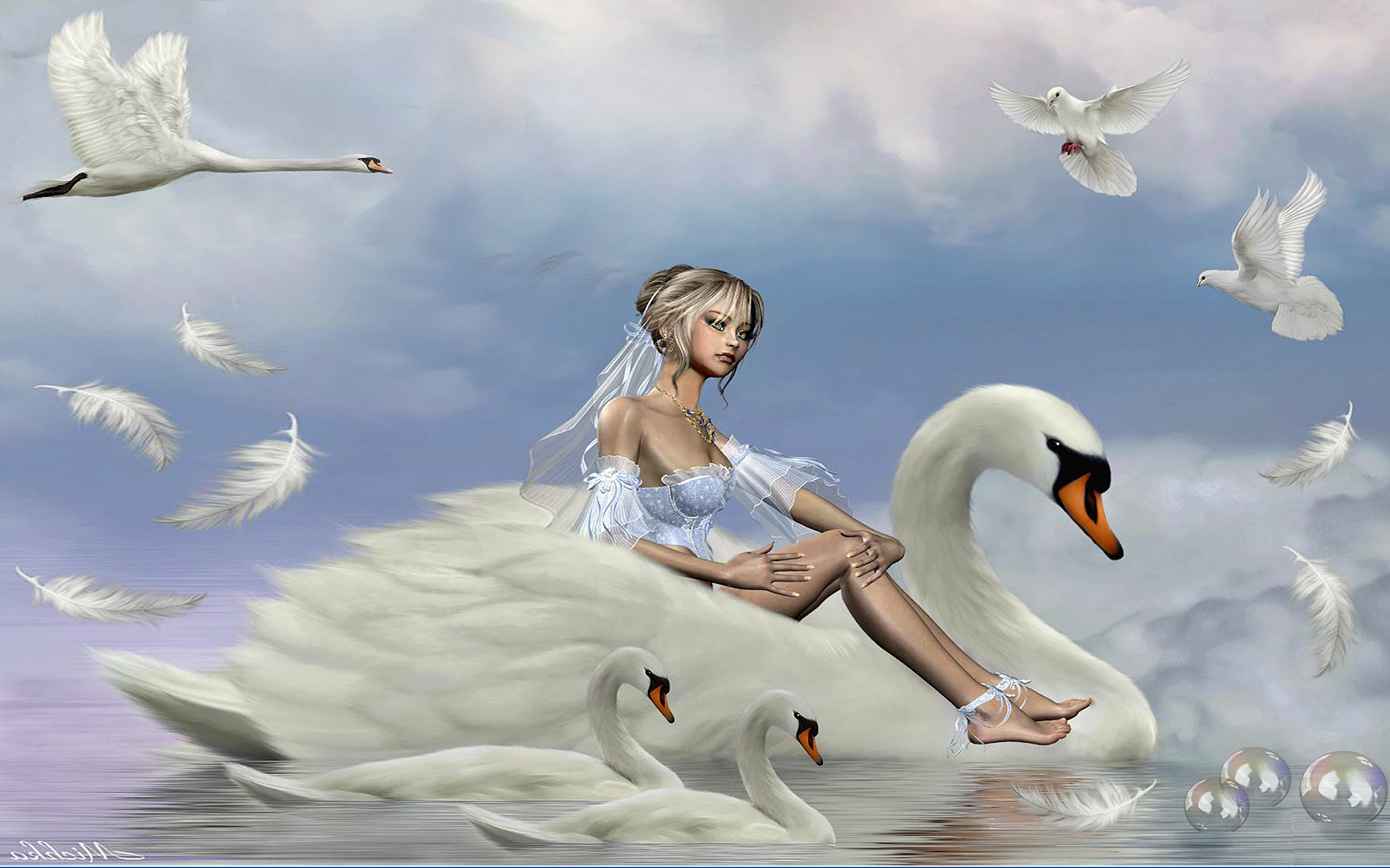 Girl Riding A Swan Lake Accompanied By Swans And Pigeons Feathers