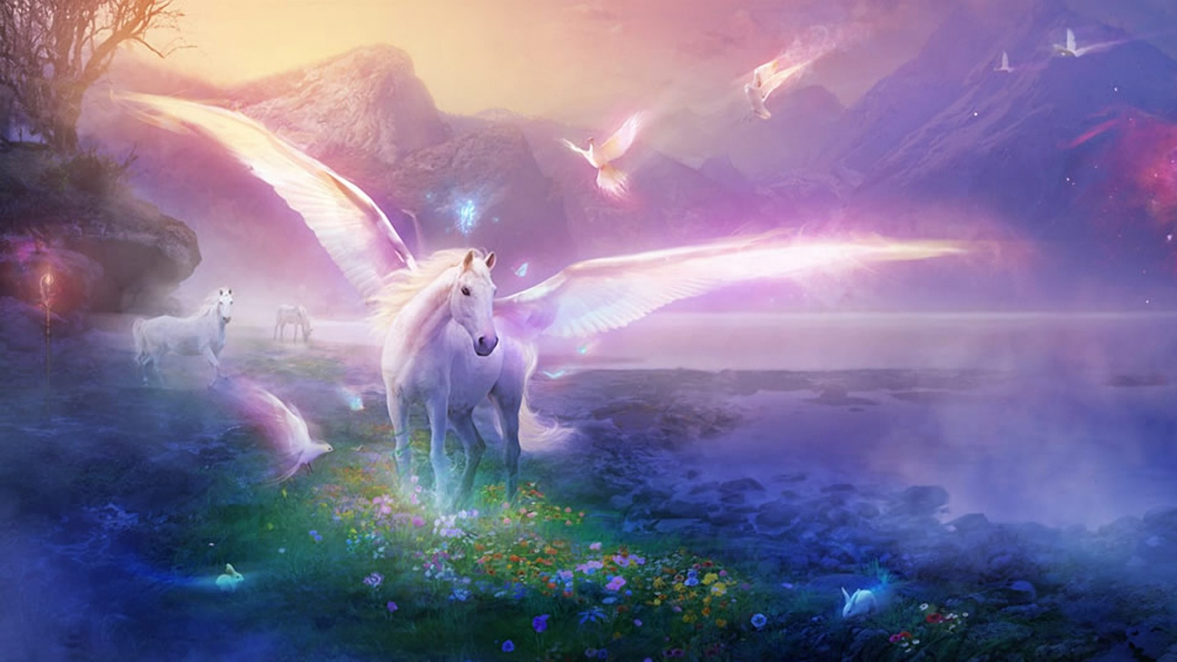 White Winged Unicorn With Open And White Pigeons In The World Of Fairy