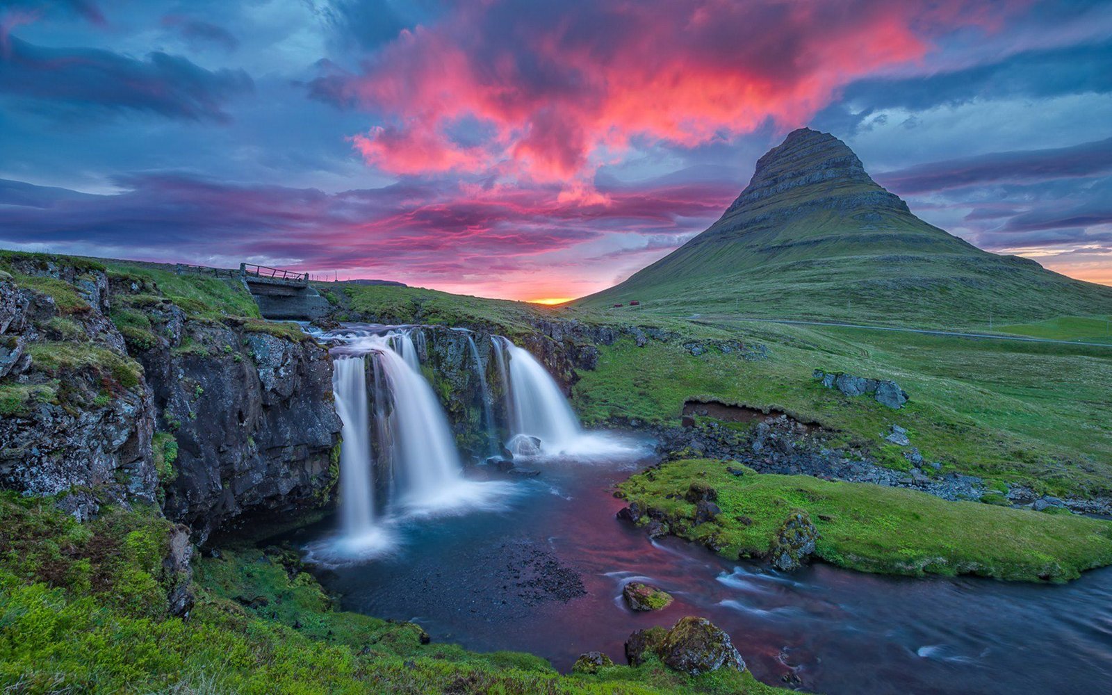 Beautiful Mountain River With Waterfall Coast Rock Green Grass Sharp