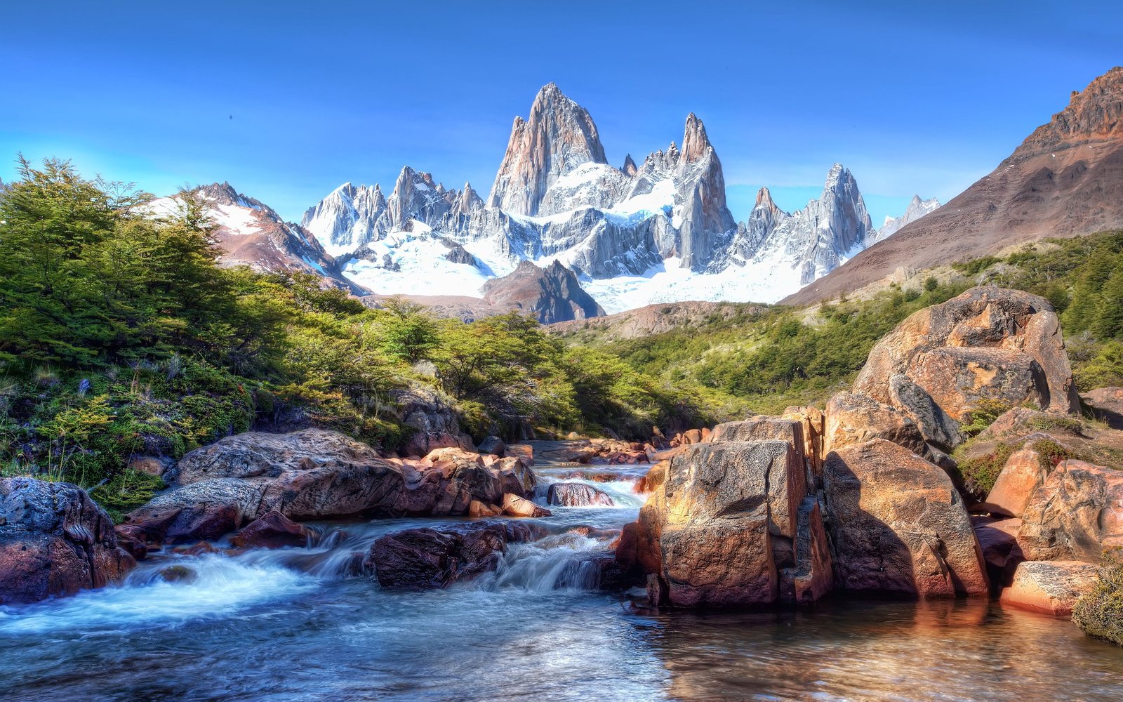 Blue Sky, Rocky Mountains With Snow Mountain River Rock Green Trees