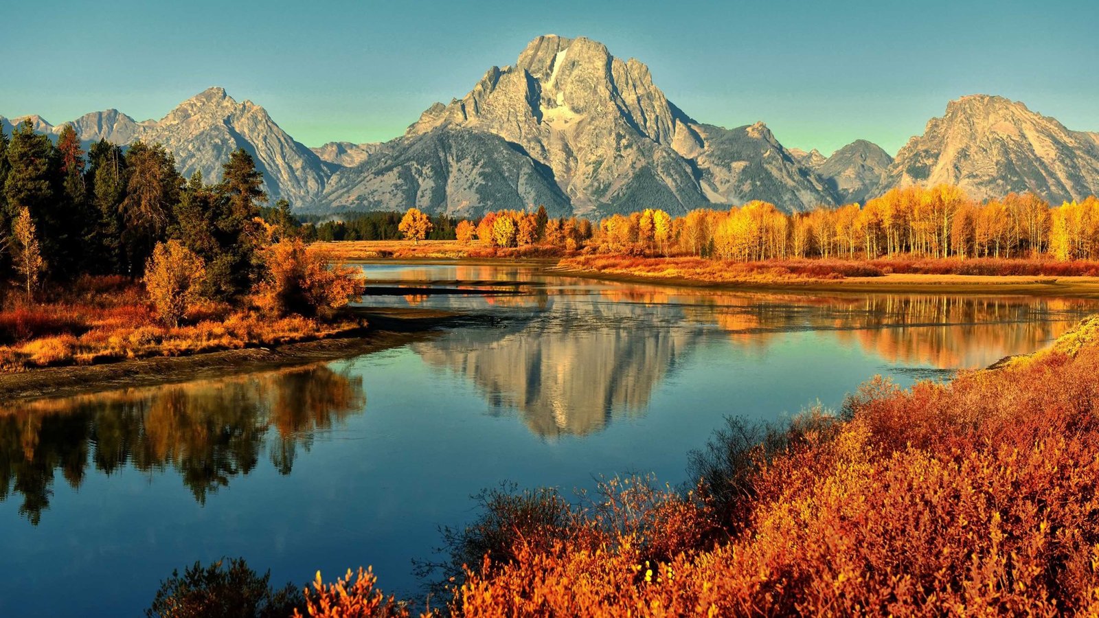 Grand Tetons National Park Curve River Forest With Yellow Leaves Rocky