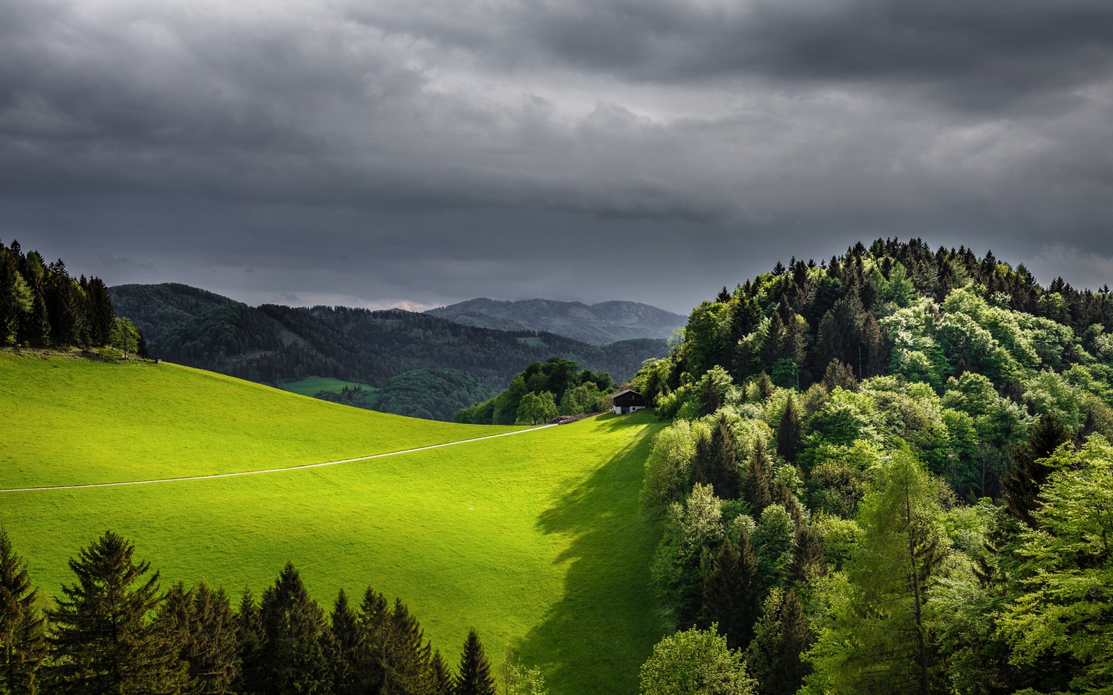 Green Forest Green Field Wooden Mountain House Dark Black Cloud