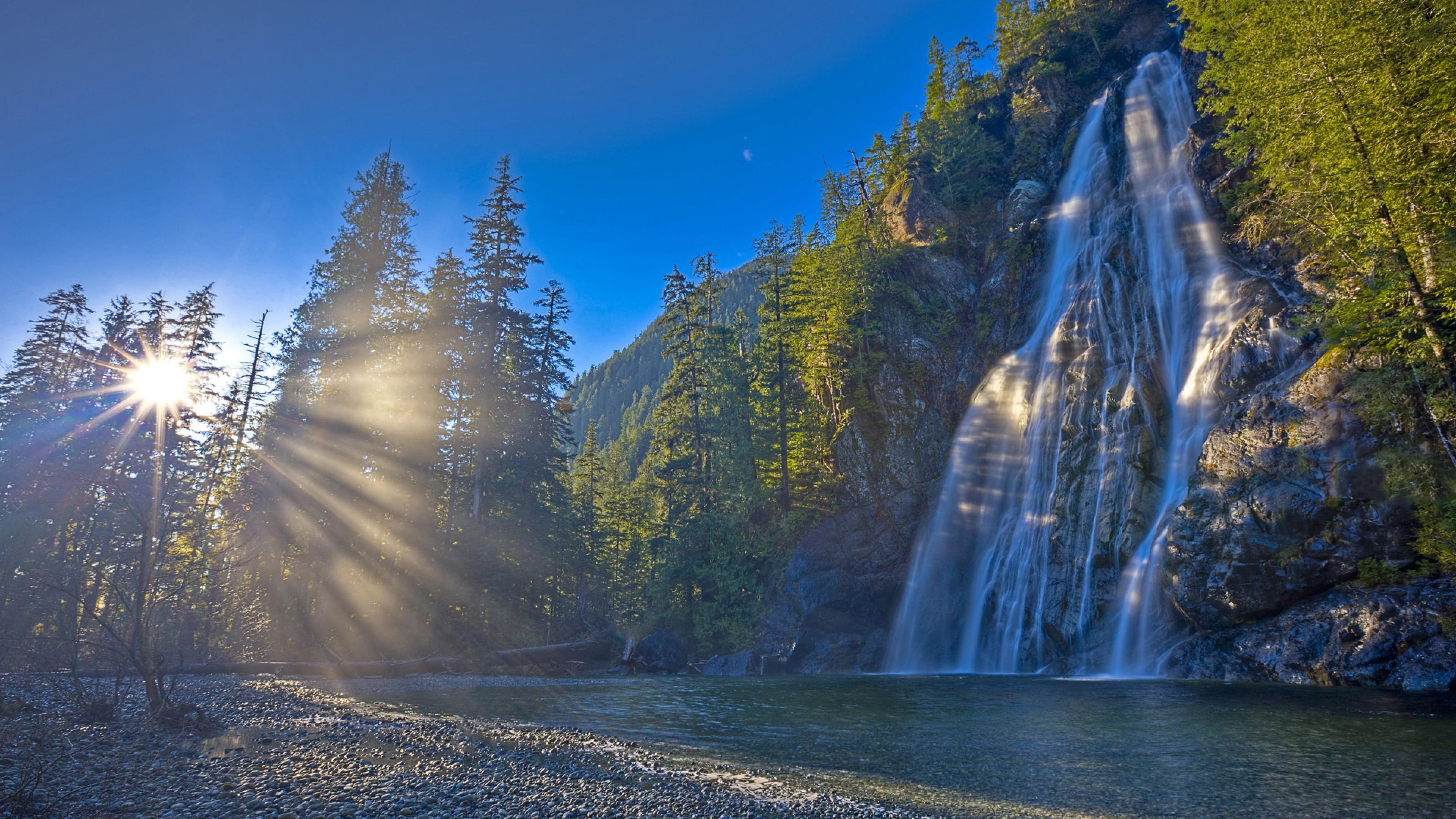 Nature Morning Dawn Sunlight Forest River Waterfall Rock Coast Blue
