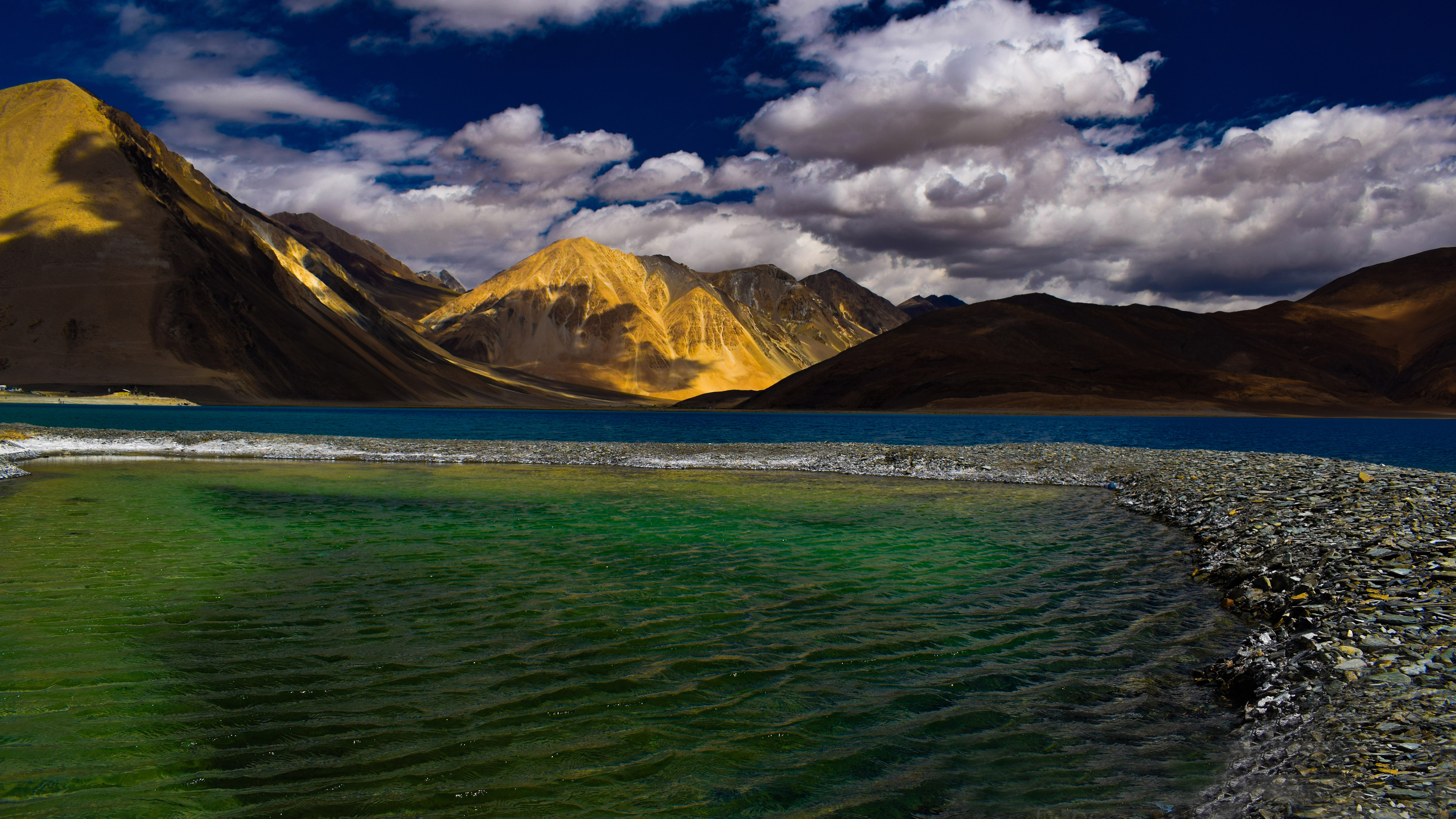 Desktop HD Wallpapers Pangong Tso Lake Ladakh Kashmir A Green Lagoon by the side of a Pangong Tso the blue lake 5200x2925