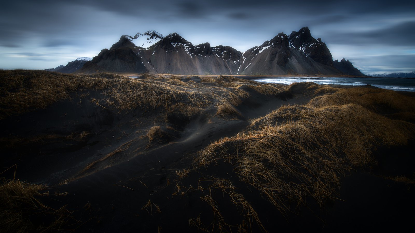 Landscape Sea Coast Black Sand Dry Grass Island With Rocky Mountains