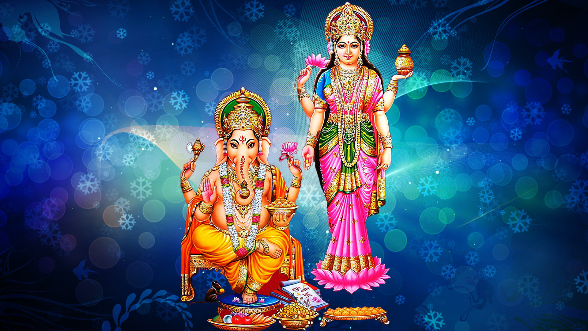 Goddess Laxmi And Lord Ganesh Blue Decorative Background With