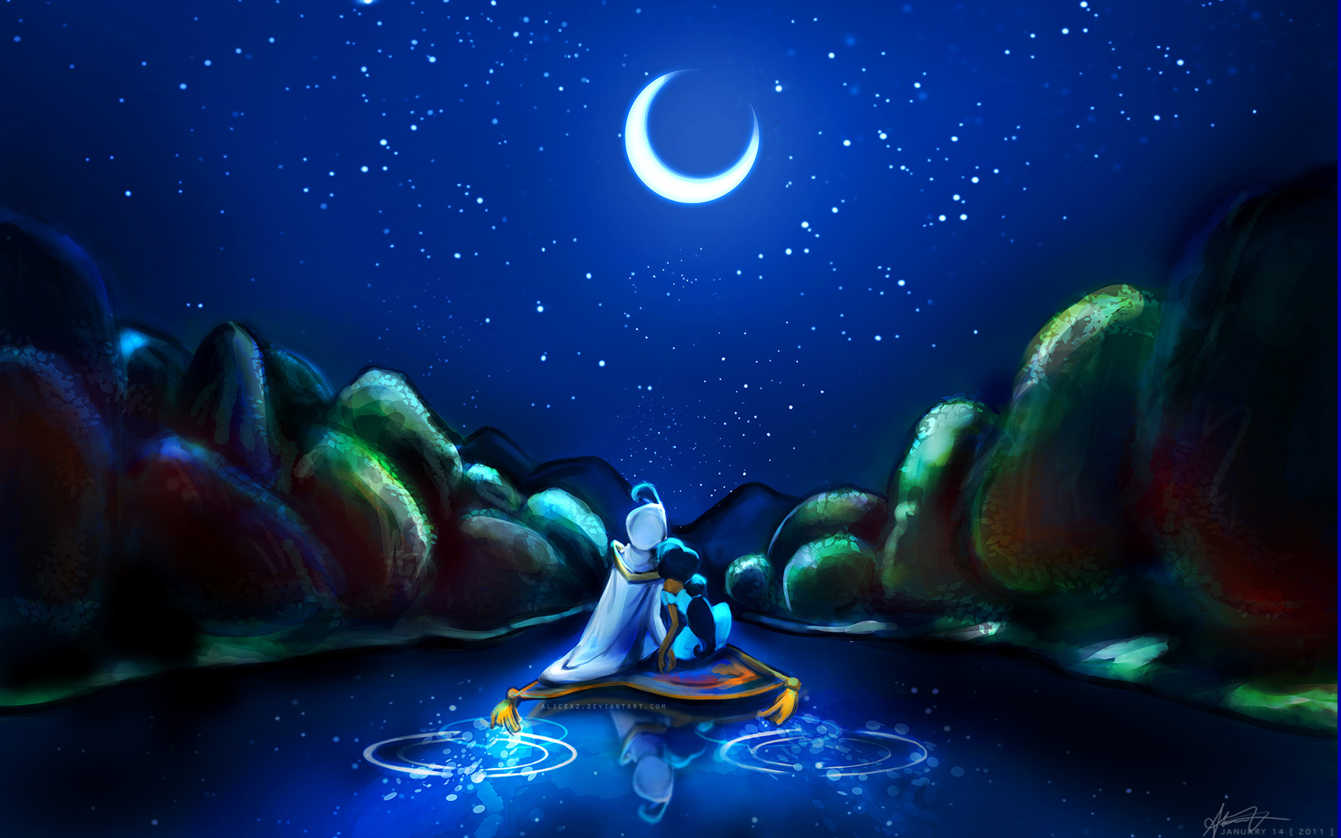 Aladdin And Jasmina Romantic Night Starry Sky Moon 1920x1200