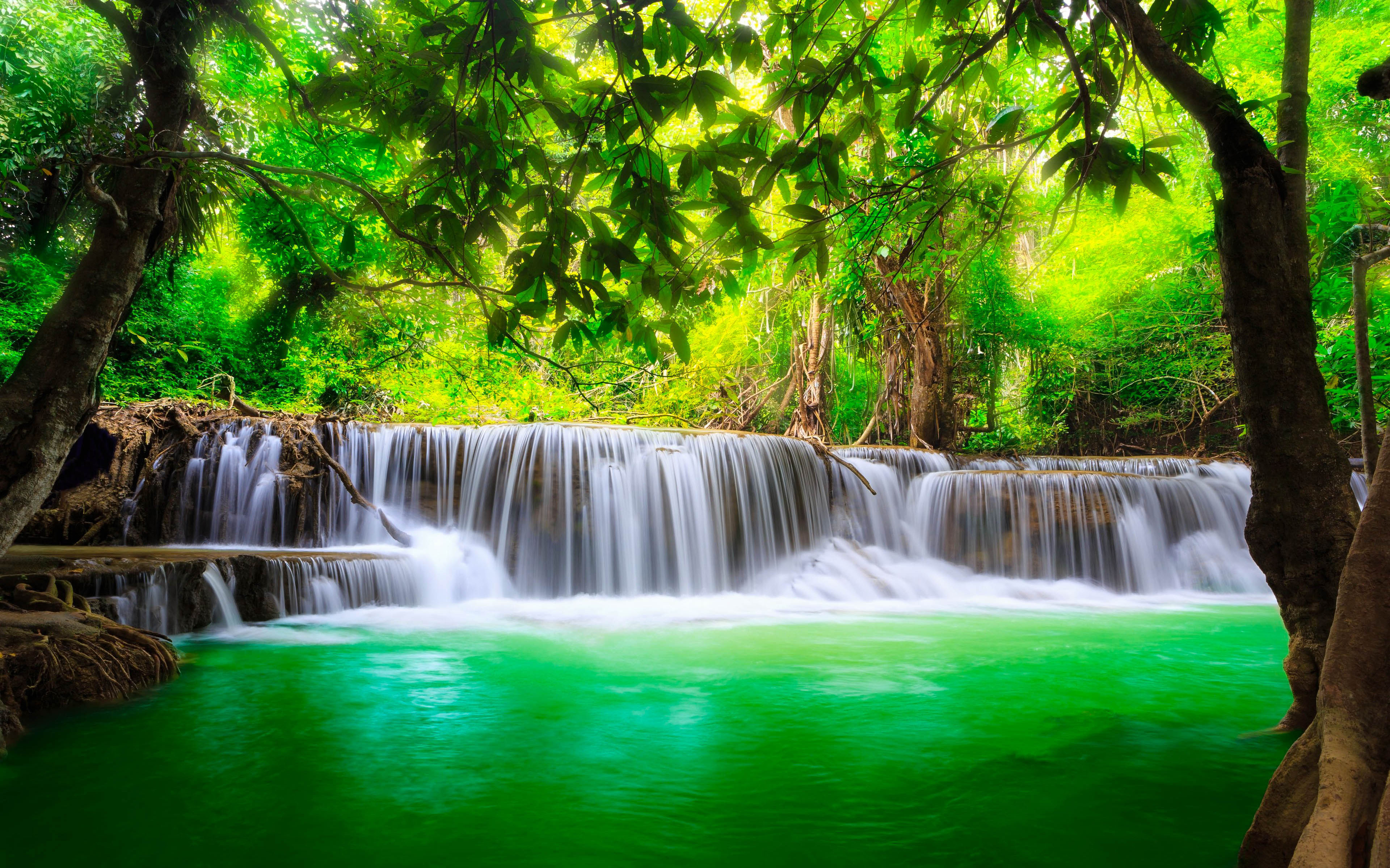 Green River Waterfall Kanchanaburi Thailand Beautiful Background For Mobile Phones Tablet And
