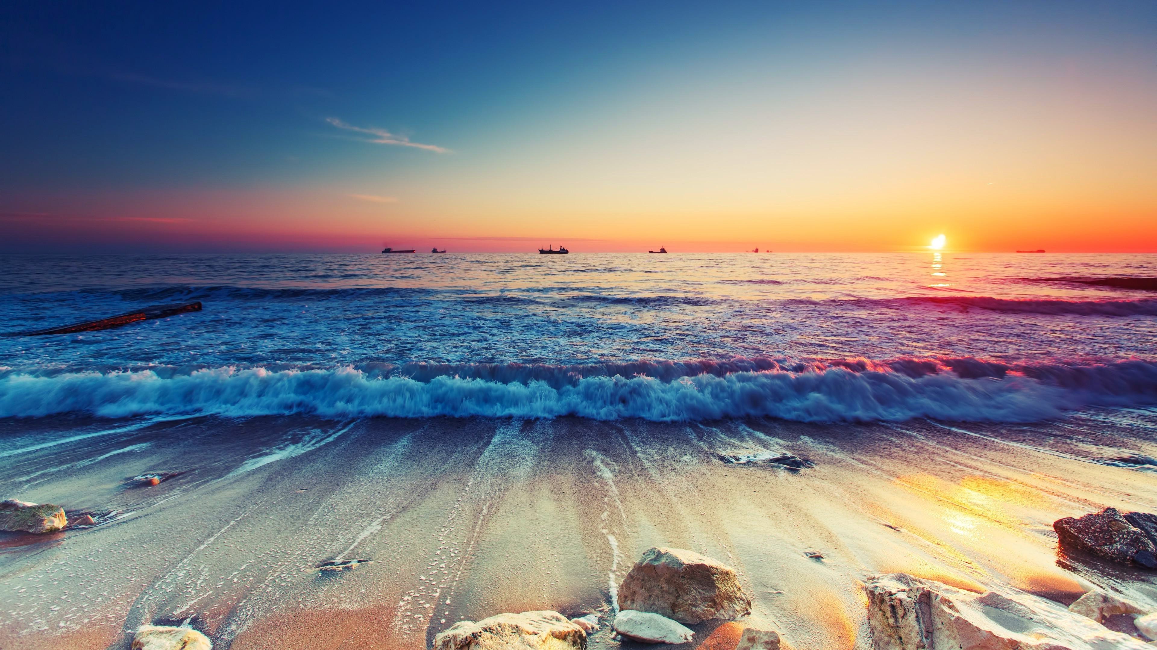 Sunset Sandy Beach Sparkling Waves Ultra Hd 4k Resolution ...