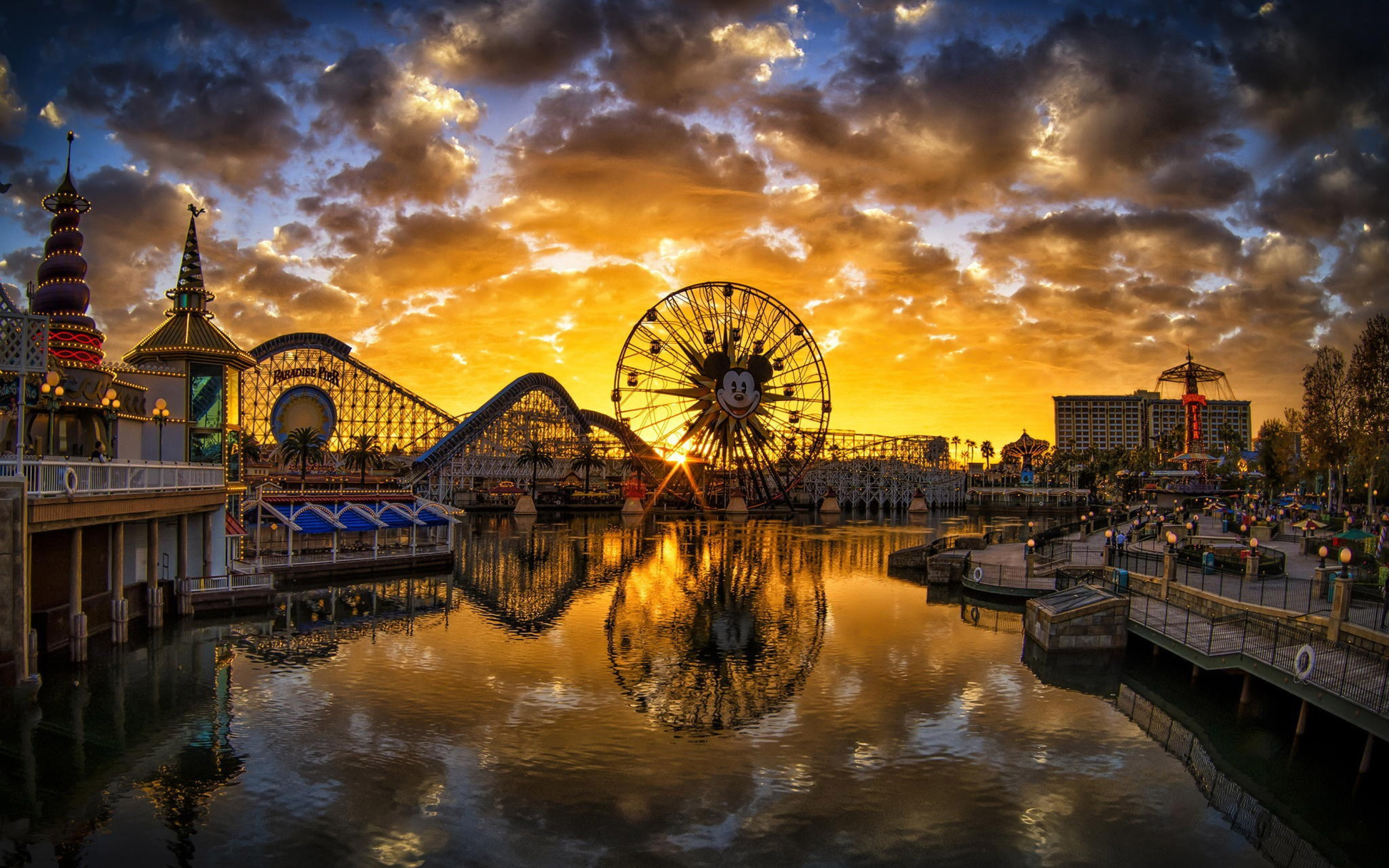 Disneyland California Sunset City River Ferris Wheel Reflection Pier Hd