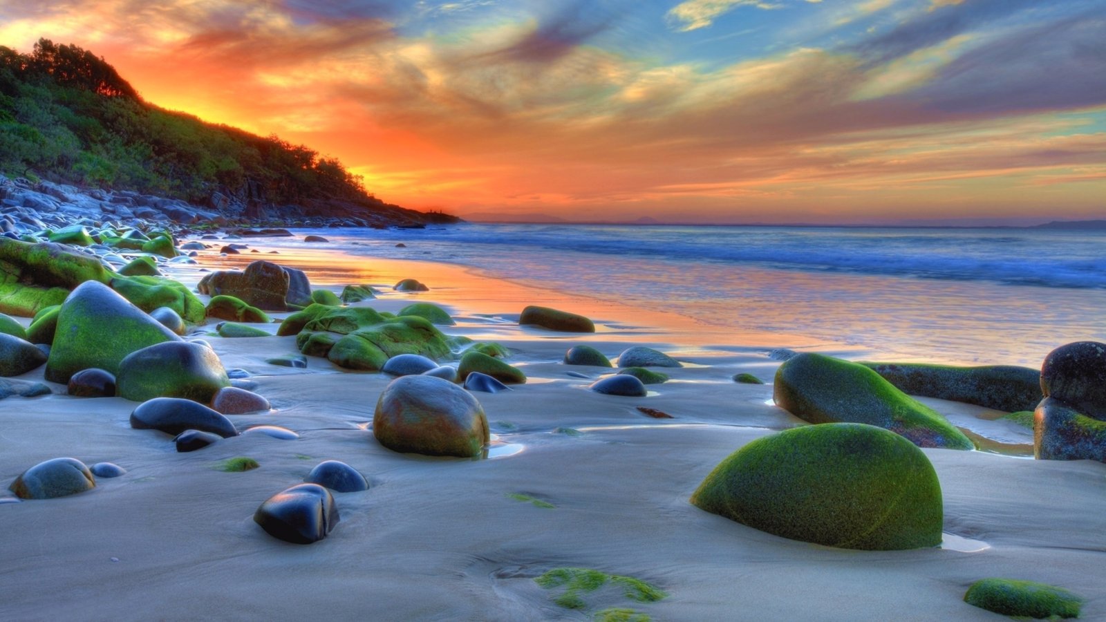 Sunset Ocean Sandy Beach Rocks Green Movi Water Nature 4k Wallpaper For