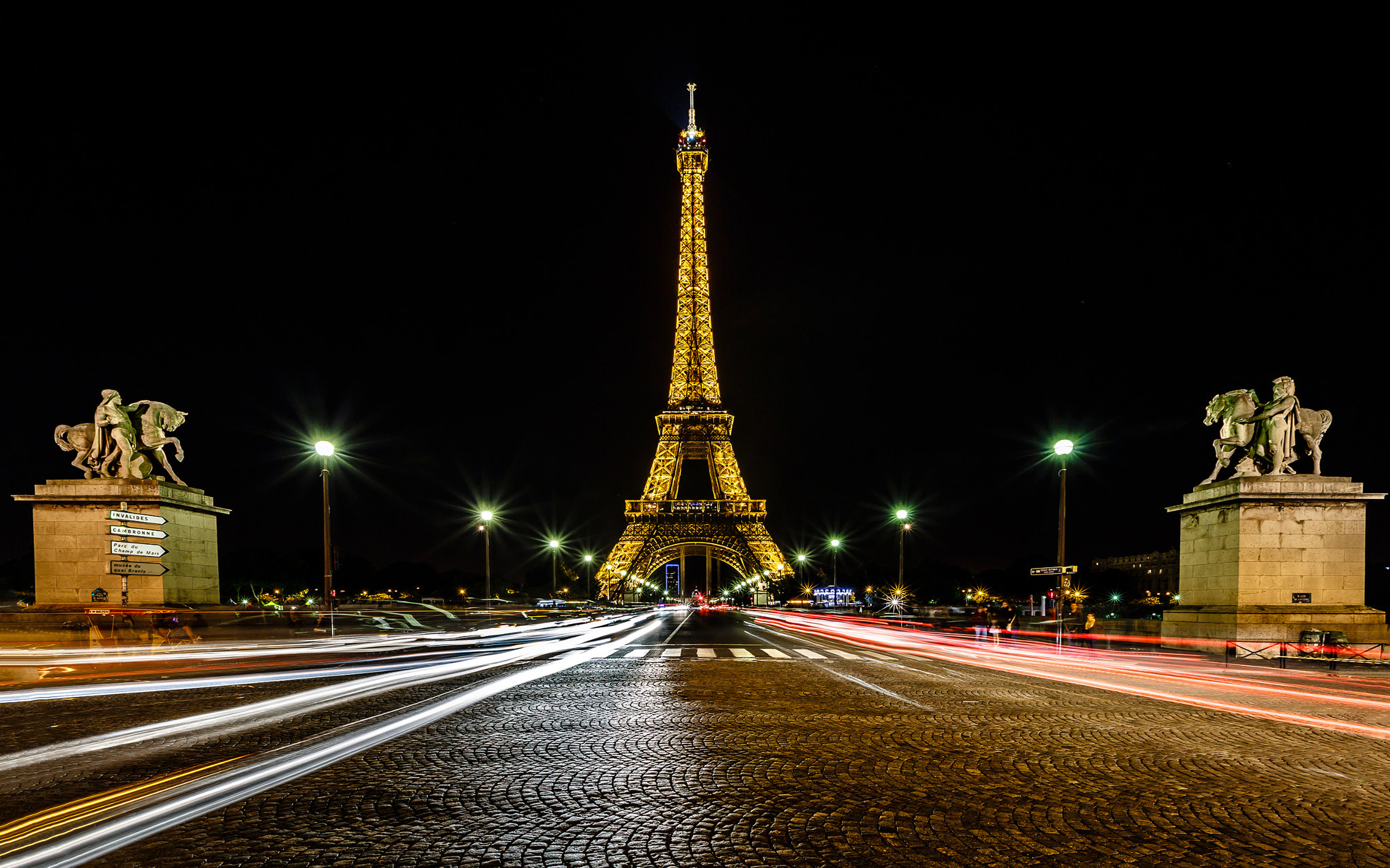 France Eiffel Tower Paris Traffic Trails And Street Lights In The Night