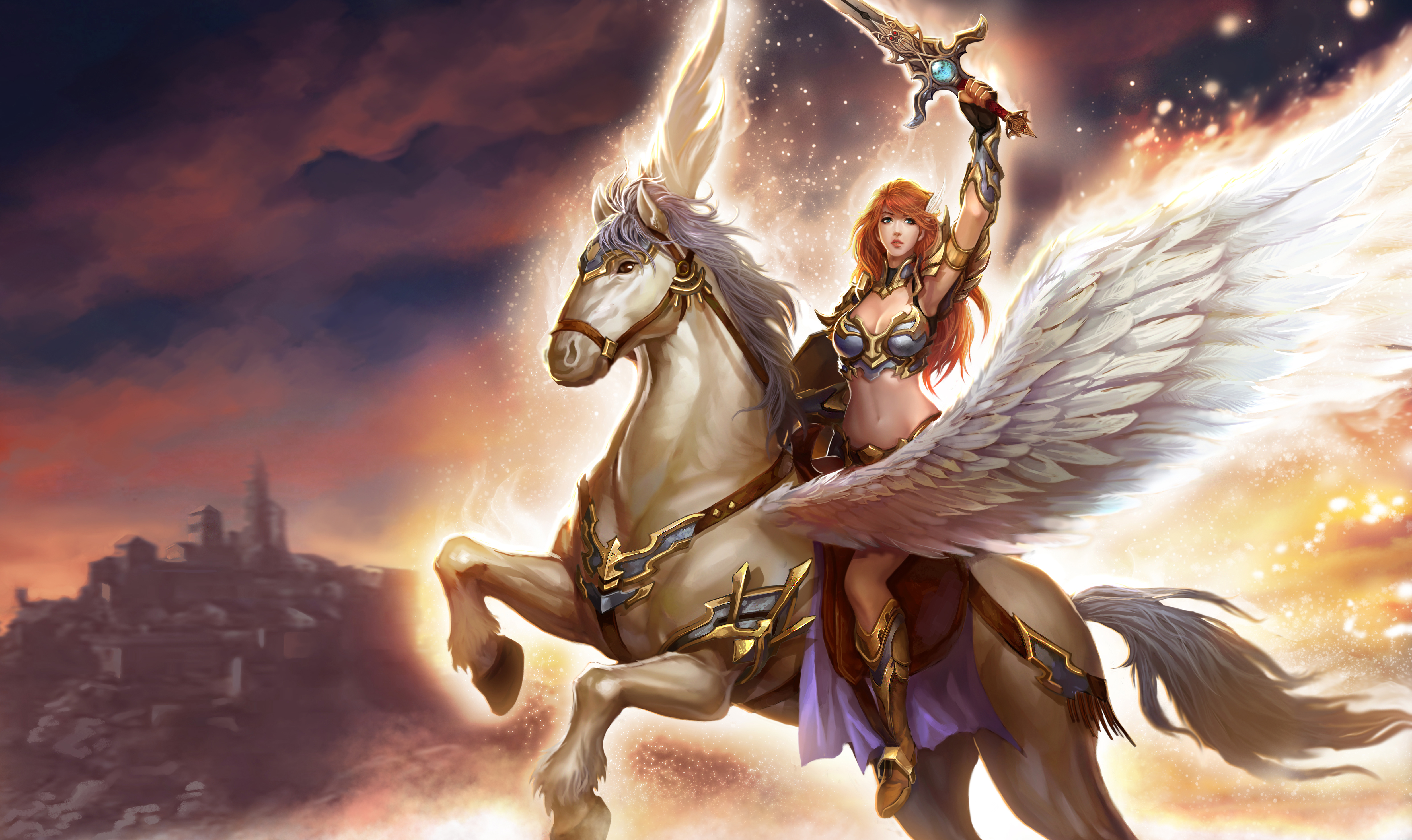 Angel Warrior, Fantasy Art, Girl,sword,game, White Horse With Wings