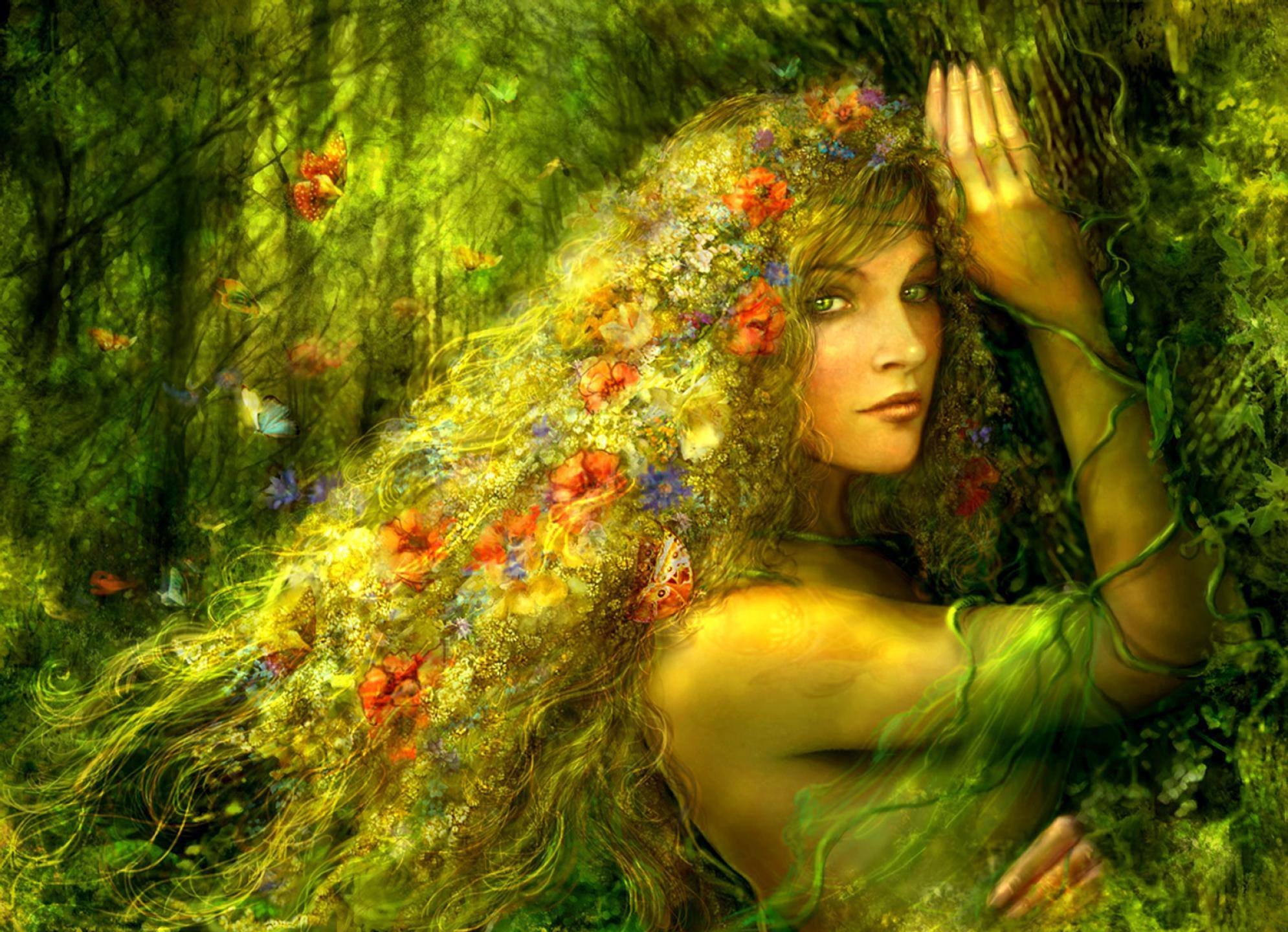 Fairy In The Forest, Flower, Hair, Butterflies Fantasy Art Wallpaper