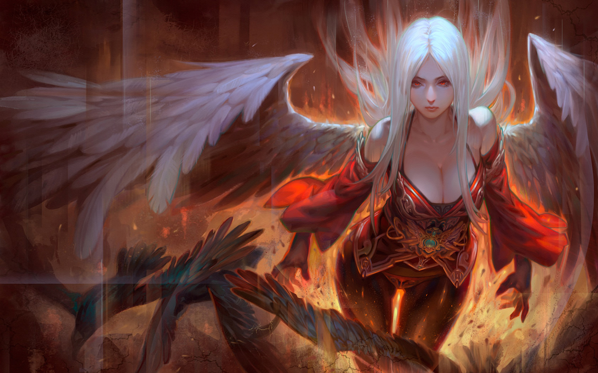 Girl Angel-White-hair-angel wings-and-red eyes-fire-Art Wallpaper  HD-1920x1080 : 