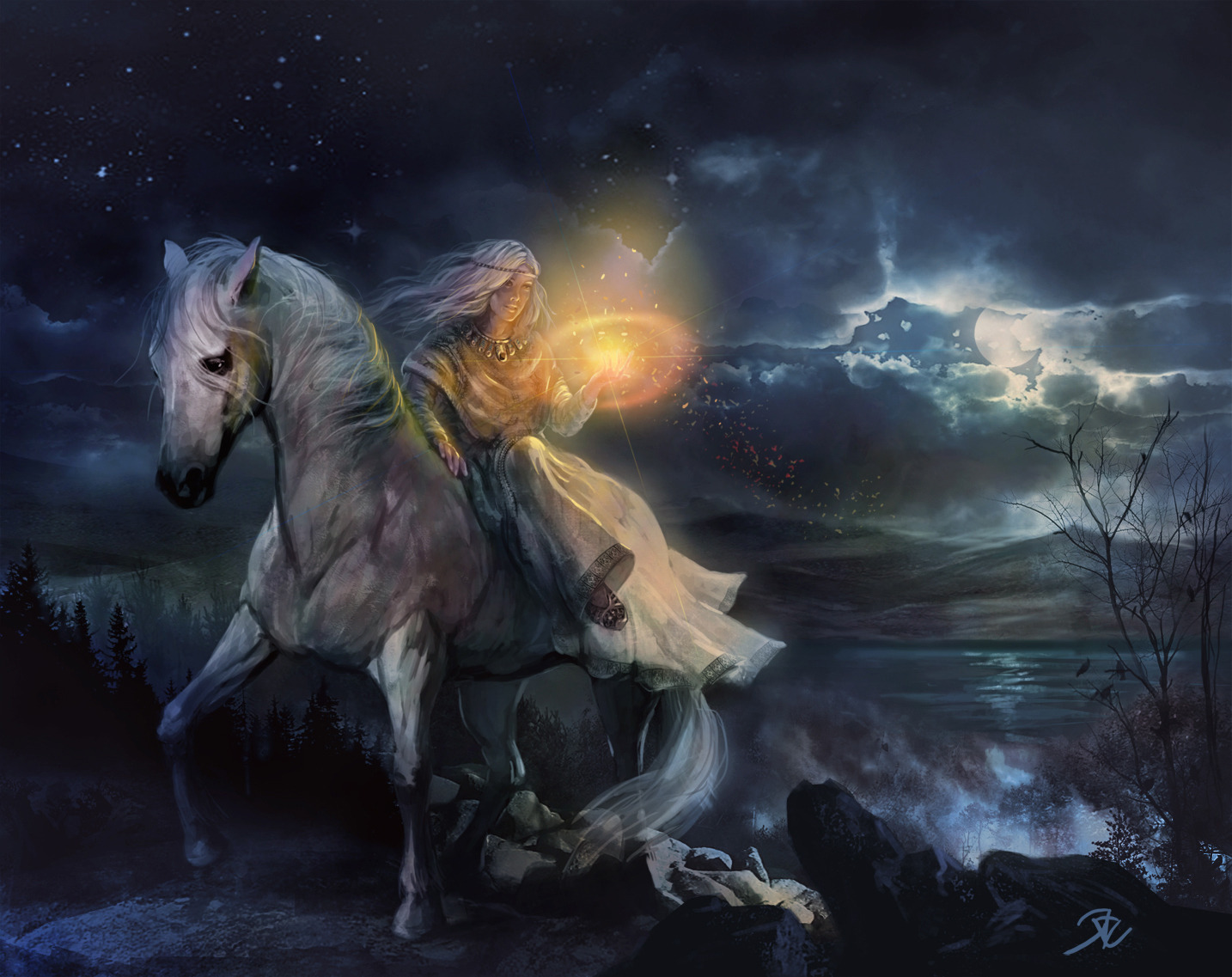 Night Light 2d Fantasy Moon Horse Night Girl Woman Mage Picture Image