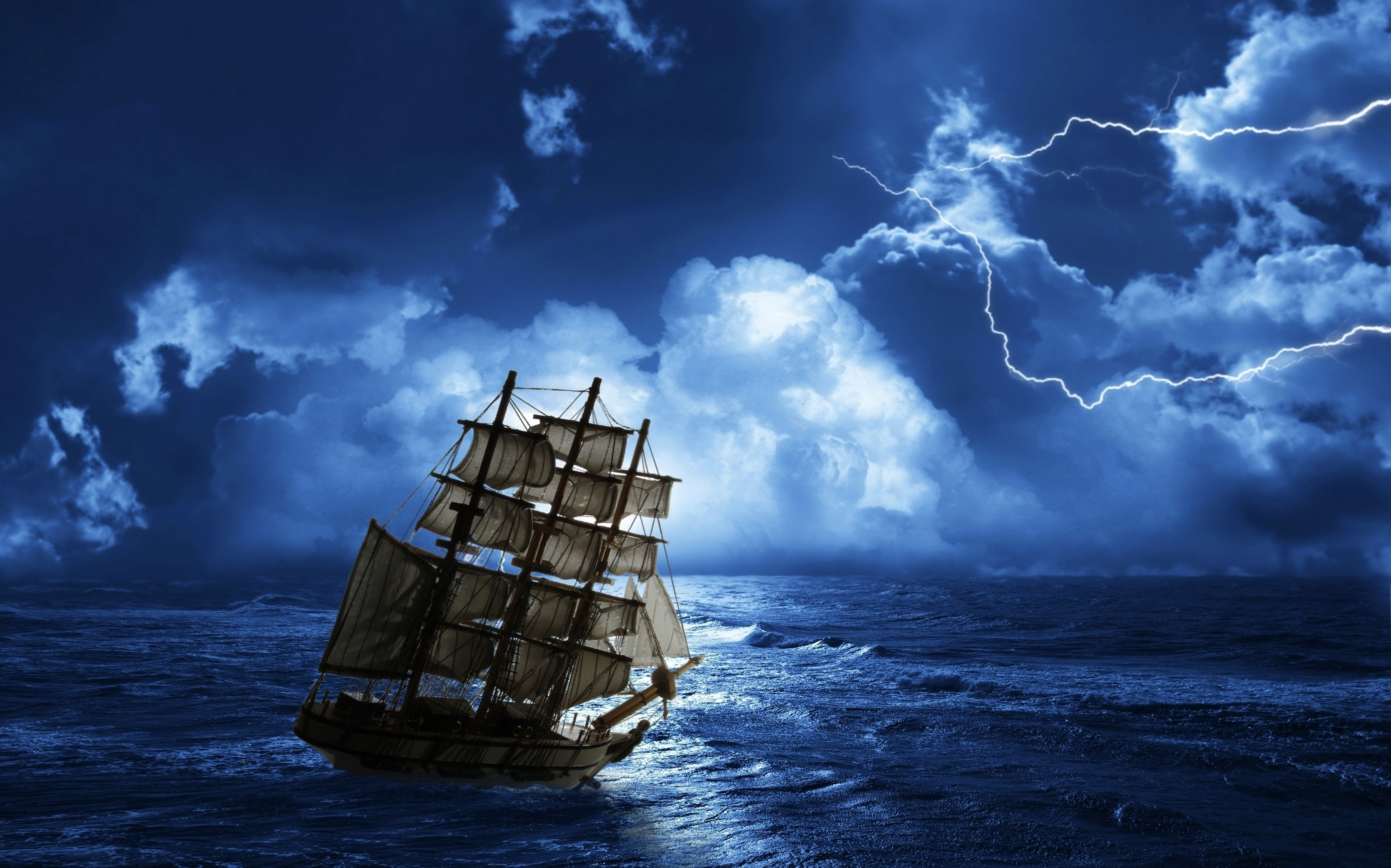 Ships Sailing Sea Sky Clouds Night Lightning Wallpapers And Photos