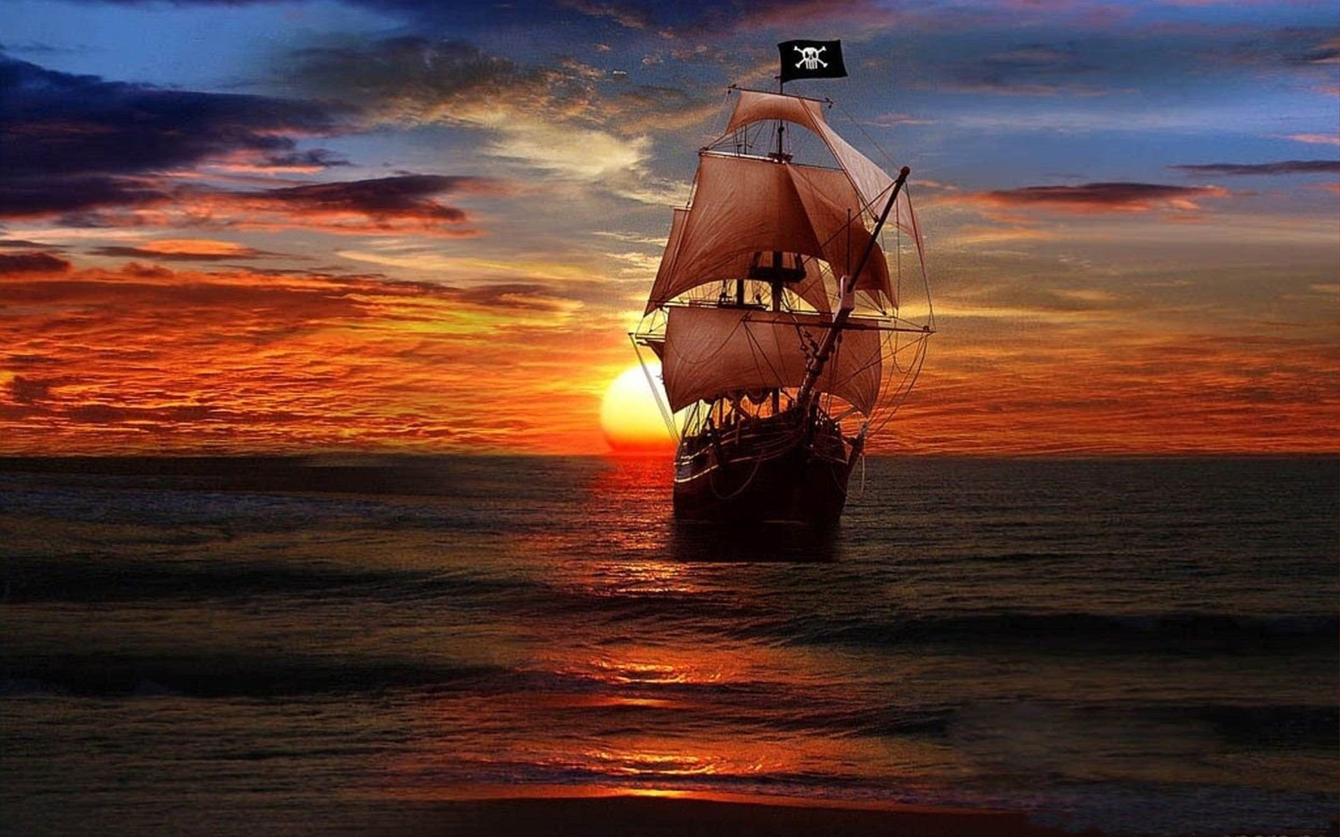 Sunset and Pirate Ship Fantasy art Desktop Wallpaper HD 1920x1200 :  