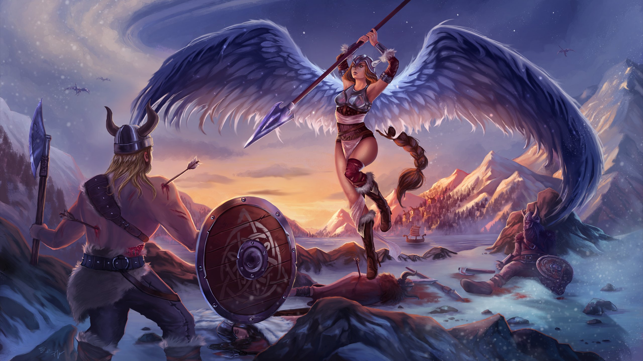Viking And Girl-Fantasy-Angel Warrior-battle-art-artwork-art-wallpaper