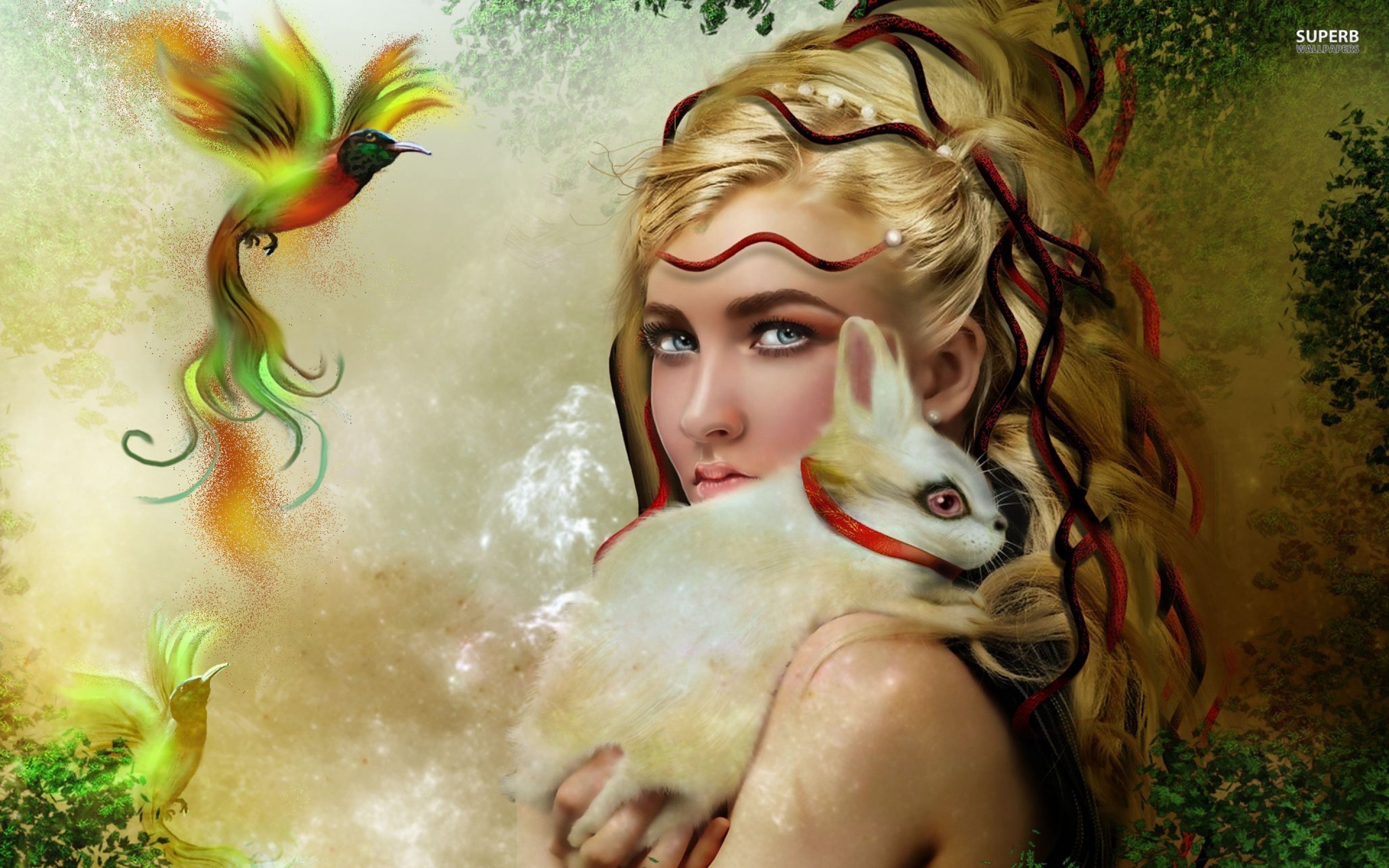 Women, White Rabbit, Paradise, Bird Approaches, Fantasy Art, Wallpapers