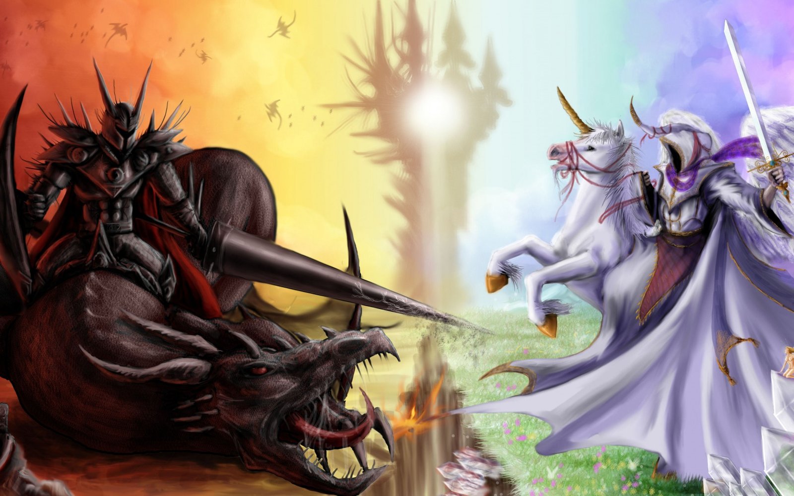 Fantasy, Art, Good, Evil, Demon, Angel, Sword, Horse, Dragon, Armor