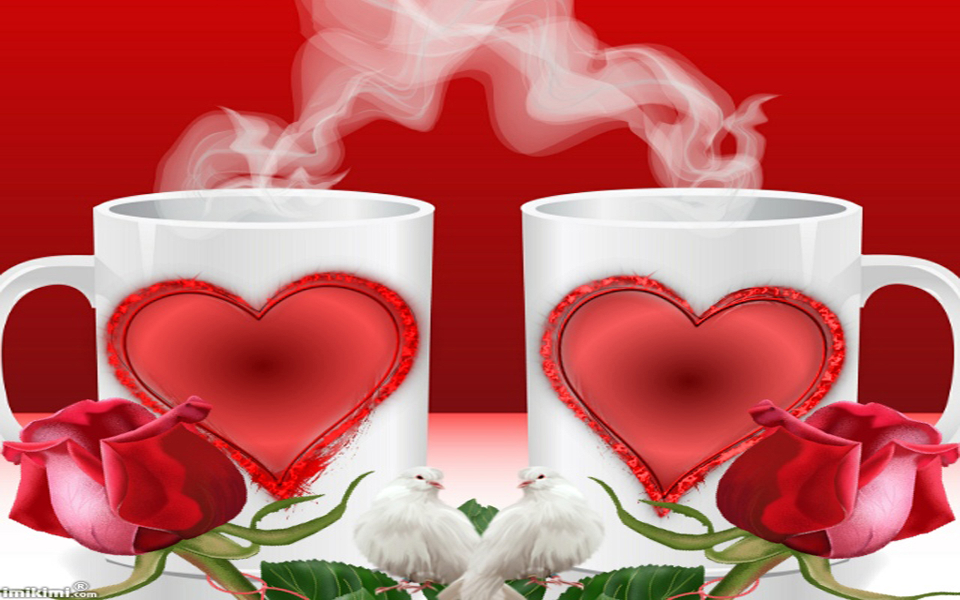 Love Cup Of Coffee Or Two Red Hearts Red Roses : 