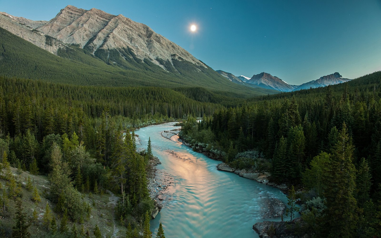 River Moonlight Mountains Landscape Forest Trees 2560x1600