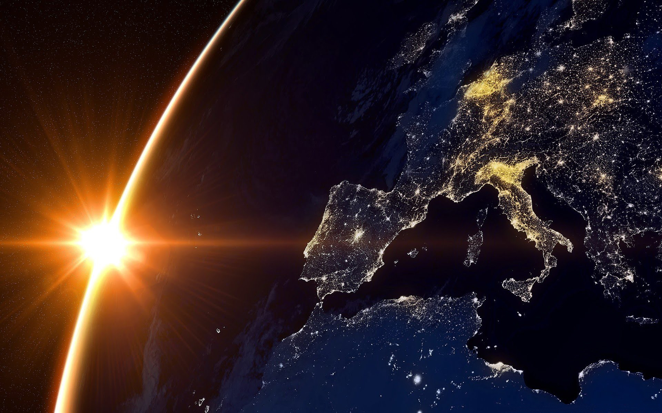 Sun And Earth From Space Europe Night Hd Wallpaper : 