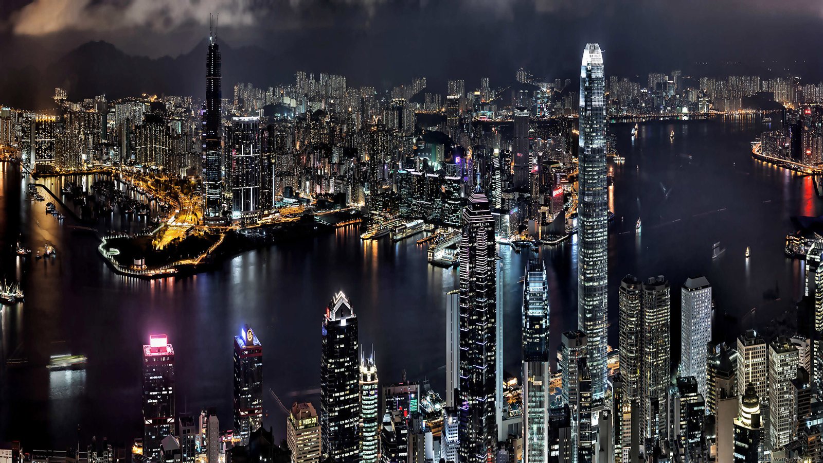 Asia-city Hong Kong in China, look at night-bay-boats, buildings