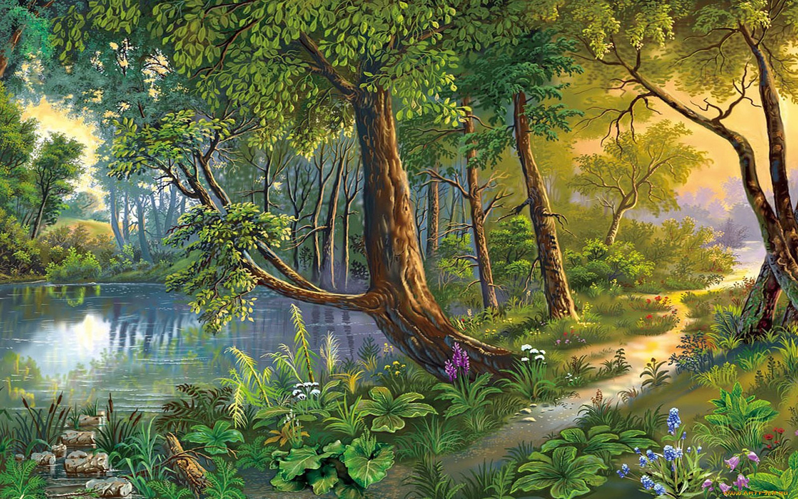 Beautiful Landscape, Nature Art River, Trees, Flowers Hd Wallpaper