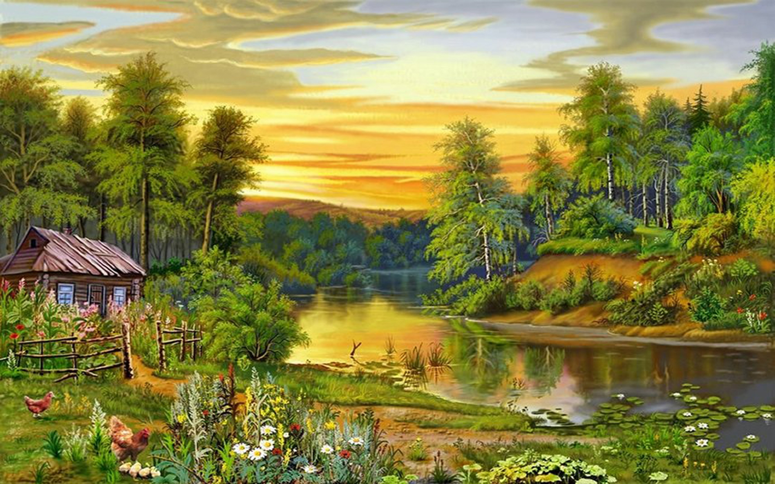 Beautiful Landscape, Nature, Trees, River, House 126571 : 