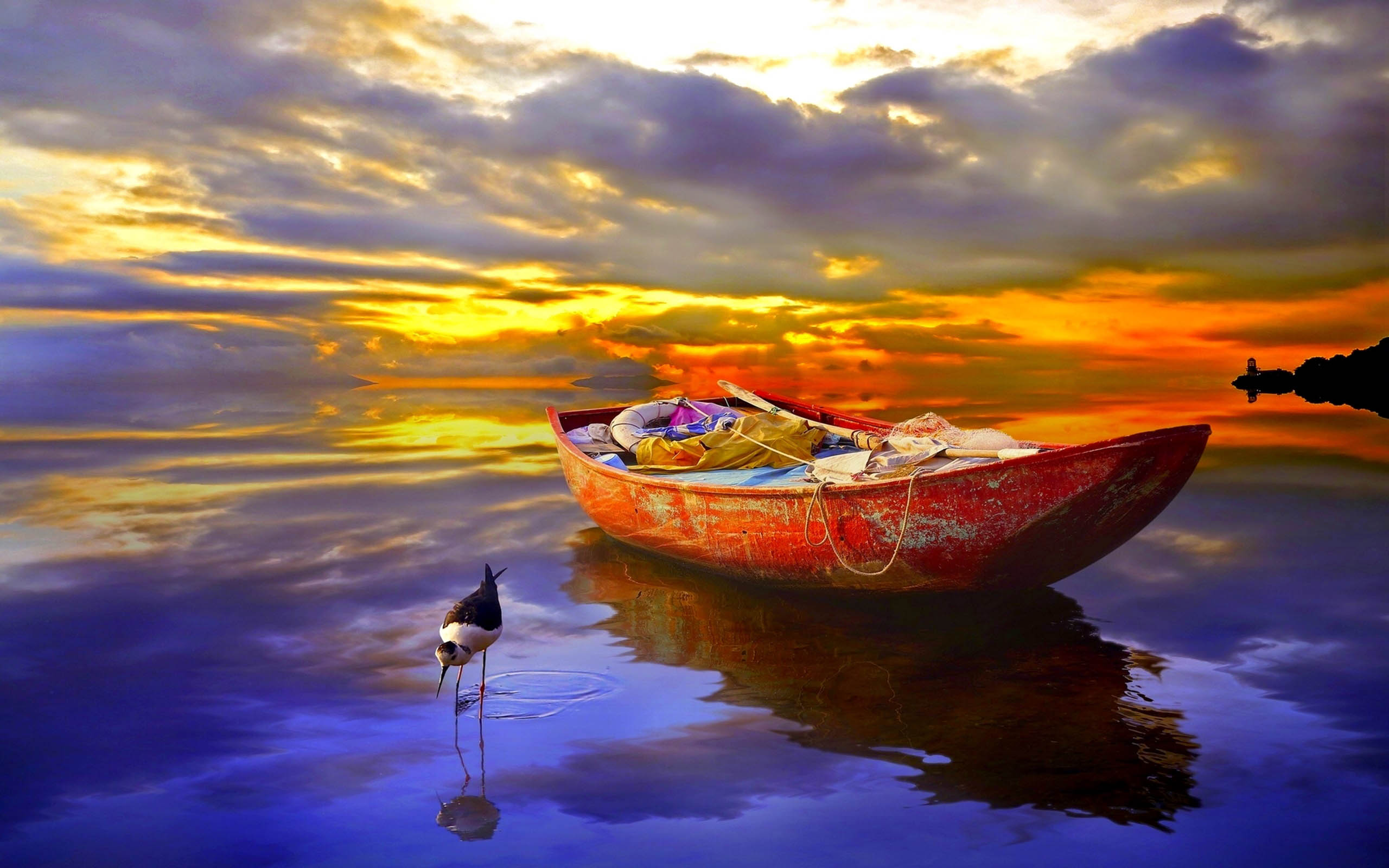 Boat Ocean Sunset horizon colorful sky clouds Wallpaper HD :  