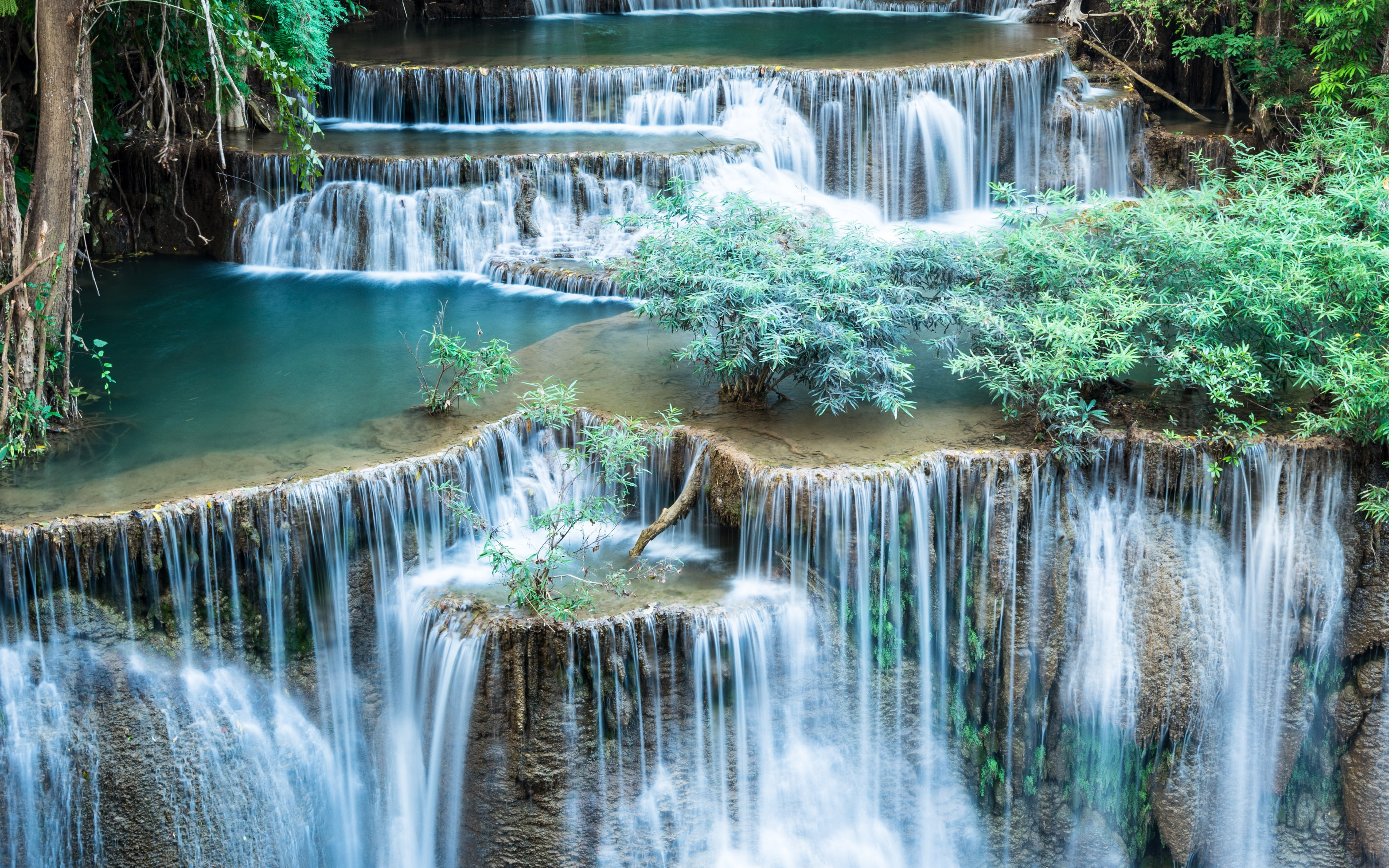 Lovely cascading waterfall-with-green shrub-Desktop Wallpaper HD for