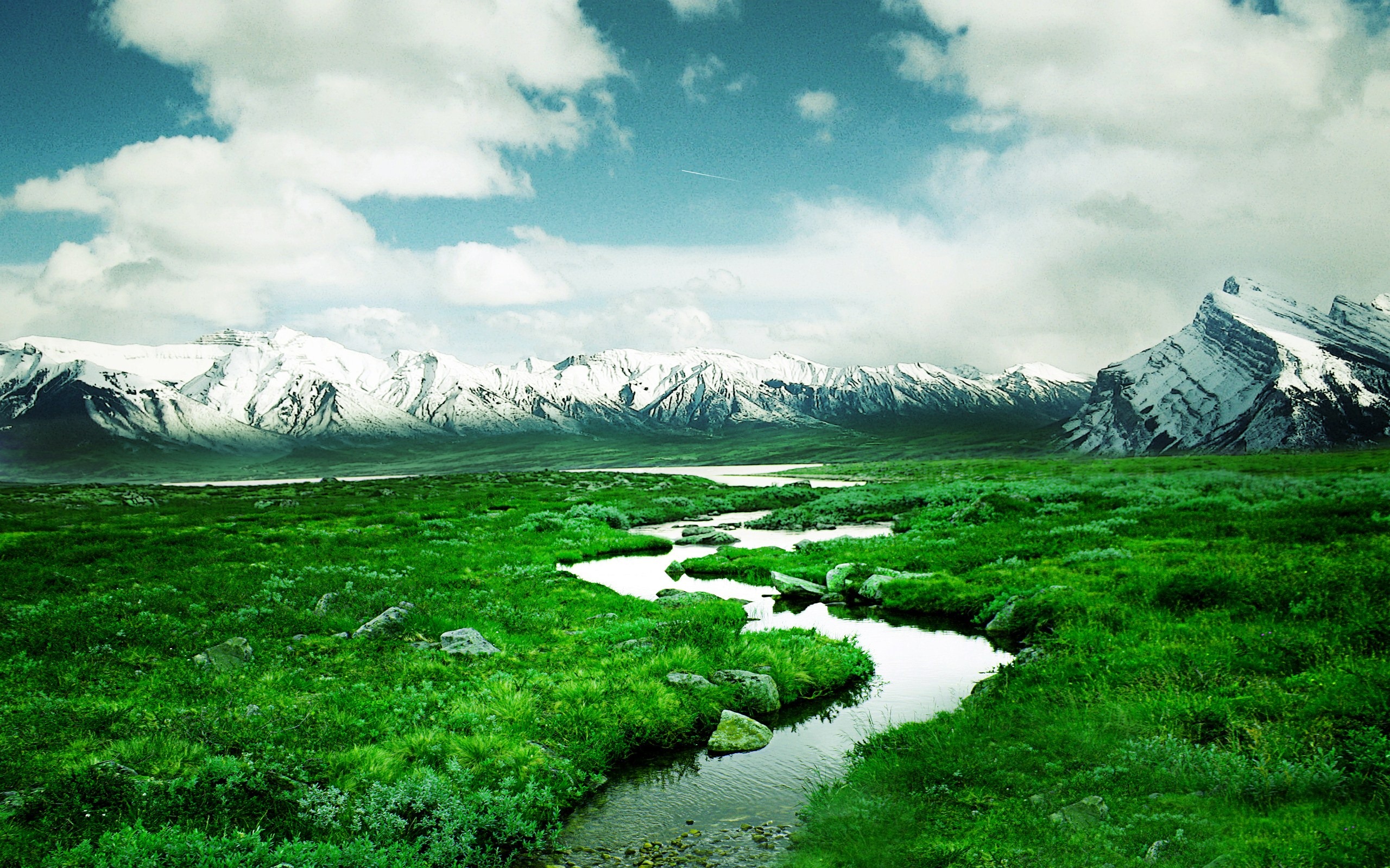 Mountains With Snow Green Meadow Flow Water Desktop Wallpaper Hd 09675